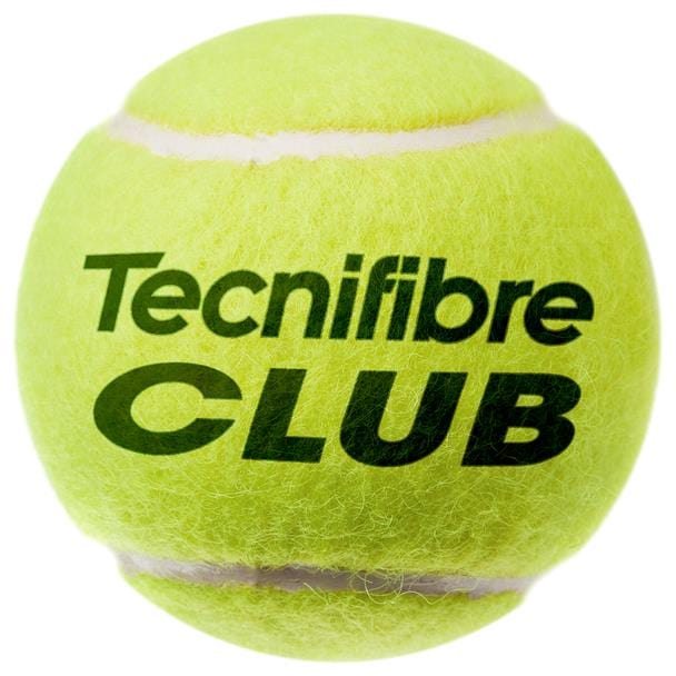 A close-up of a tennis ball from the Tecnifibre Club Tennis Balls - 4 Ball Tube highlights its vibrant yellow felt and the bold Tecnifibre brand name in black lettering, featuring TecniLab's cutting-edge XD-Core technology for enhanced performance.