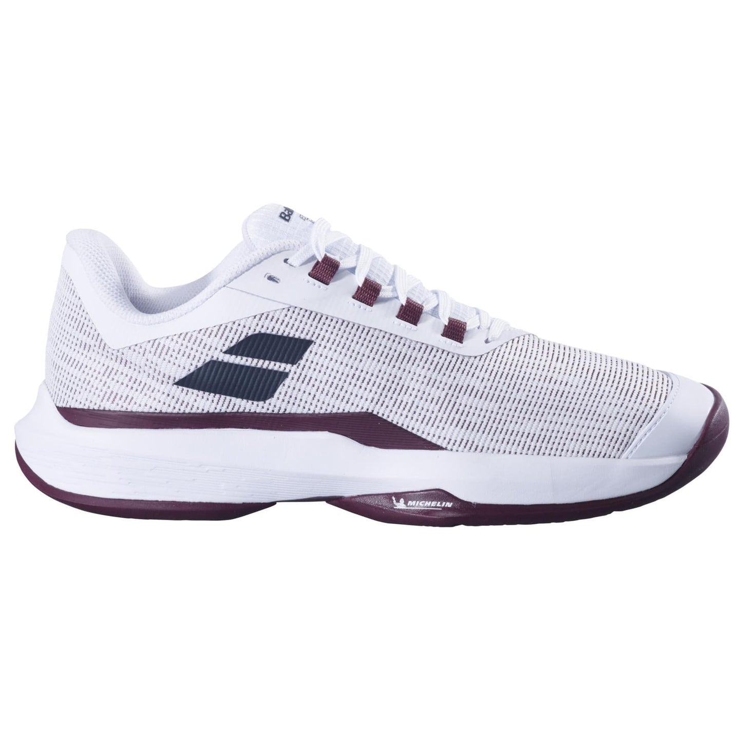 The Babolat Jet Tere 2 Men’s Tennis Shoes in white and burgundy feature a breathable mesh upper, flat laces for comfort and stability, a maroon sole with accents, and a black side logo for a stylish ultra-lightweight design.
