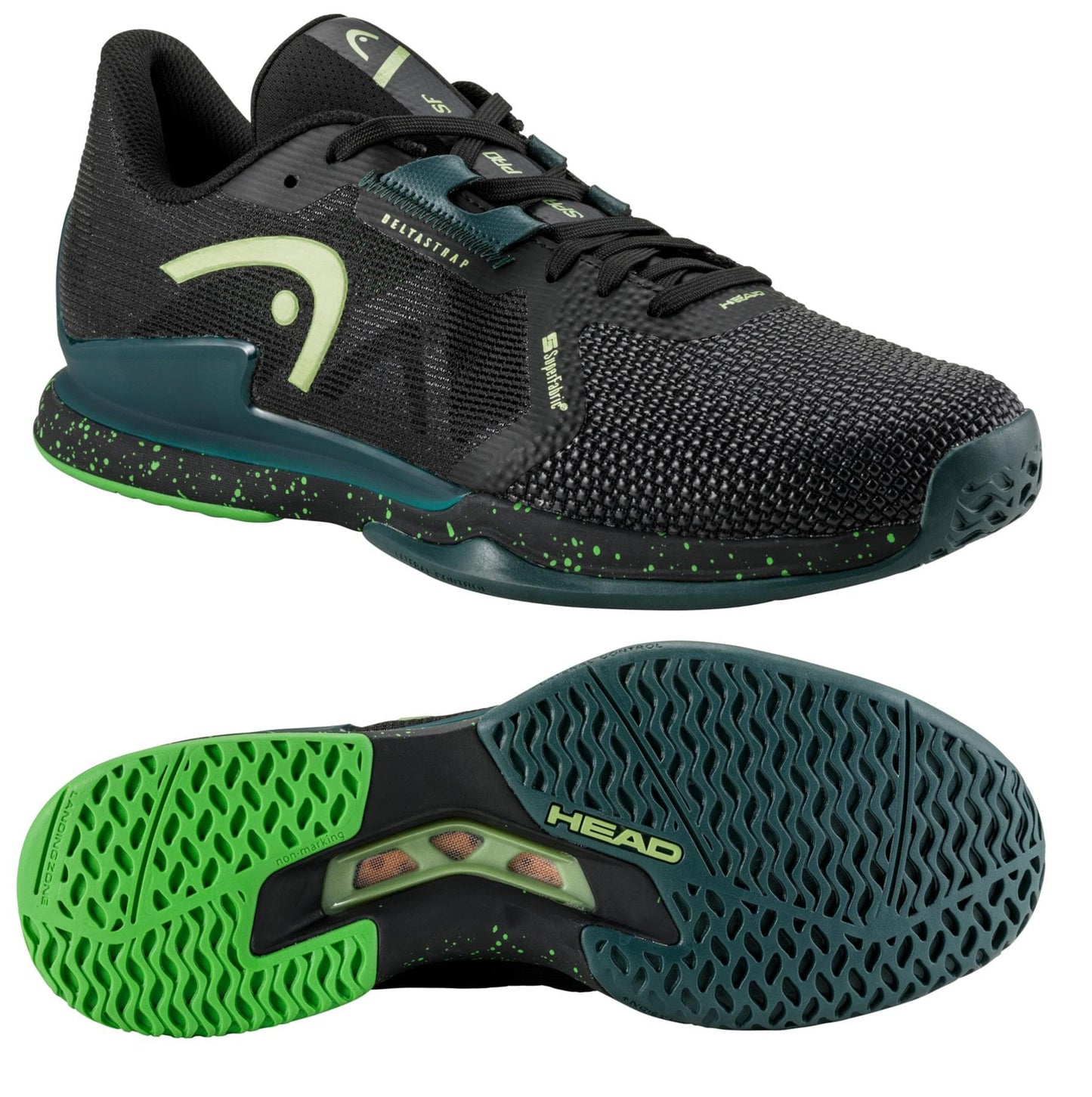 Introducing the HEAD Sprint Pro SF Men's Tennis Shoes in Black and Forest Green. This stylish footwear features a textured mesh and knitted upper with a reinforced toe for added durability. The durable outsole showcases a dark teal and bright green combination with a patterned grip, ensuring excellent traction on the court. Equipped with a cushioned OrthoLite insole for maximum comfort, these shoes prominently display the HEAD brand name on both the side and sole.