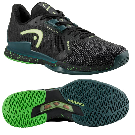 Introducing the HEAD Sprint Pro SF Men's Tennis Shoes in Black and Forest Green. This stylish footwear features a textured mesh and knitted upper with a reinforced toe for added durability. The durable outsole showcases a dark teal and bright green combination with a patterned grip, ensuring excellent traction on the court. Equipped with a cushioned OrthoLite insole for maximum comfort, these shoes prominently display the HEAD brand name on both the side and sole.