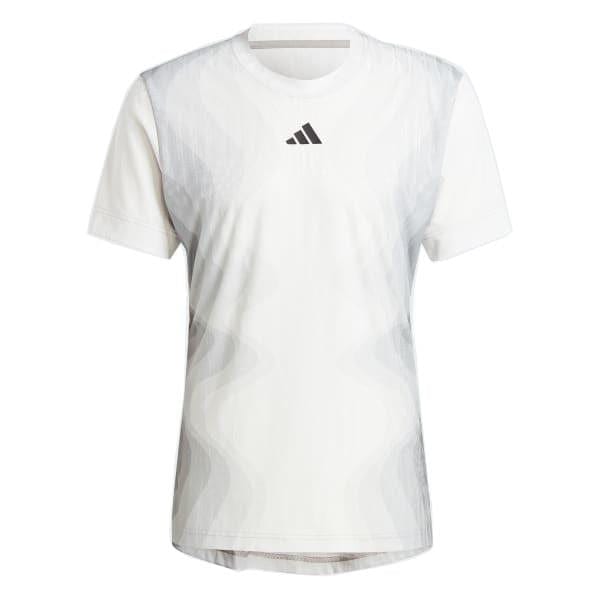 The ADIDAS Melbourne Men's Pro Tennis T-Shirt, crafted from recycled polyester, features a gray short-sleeve design adorned with a black logo on the chest. Its fabric exhibits a subtle wavy pattern in light gray tones, enhanced by HEAT.RDY technology. The shirt is presented against a plain white backdrop.