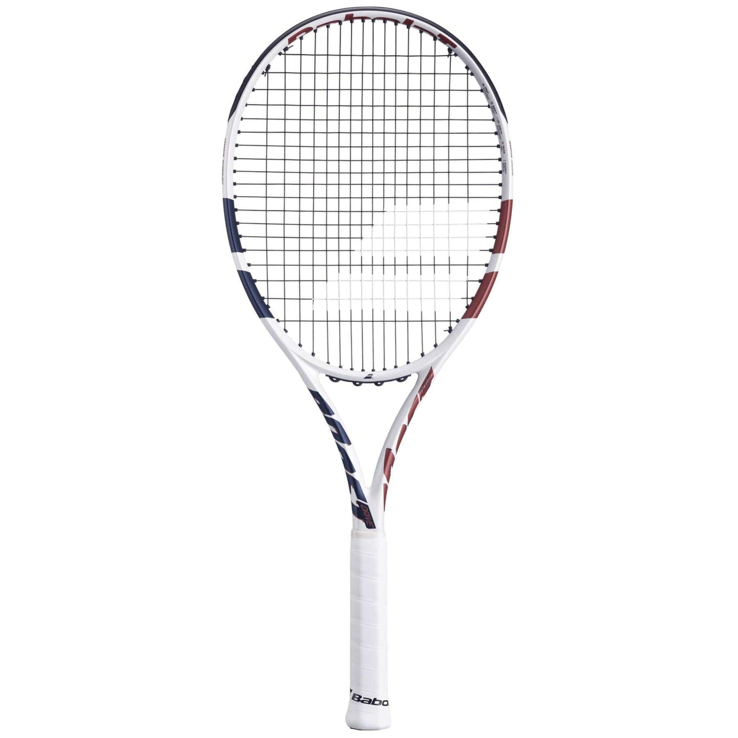 The Babolat Boost Drive Tennis Racket - White features a lightweight graphite frame with red and blue accents, Woofer System strings, and a white grip tape handle for a modern design.