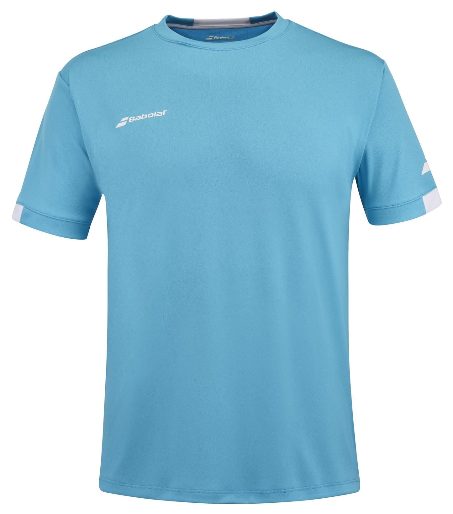 The Babolat Play Men's Crew Neck Tennis T-Shirt in Cyan Blue is an athletic top featuring short sleeves and a classic crew neck design. It showcases a small white logo on the left chest and another on the right sleeve. Made with Fiber Dry technology, this shirt offers a simple yet sporty design ideal for active wear.