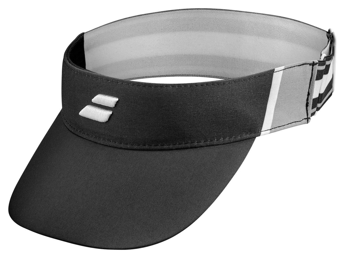 The Babolat Elastic Tennis Visor - Black / White by Babolat provides sun protection with a stylish black visor cap design, including a curved brim and adjustable strap. This contemporary visor is adorned with two horizontal white stitched lines on the front, merging functionality with modern style.