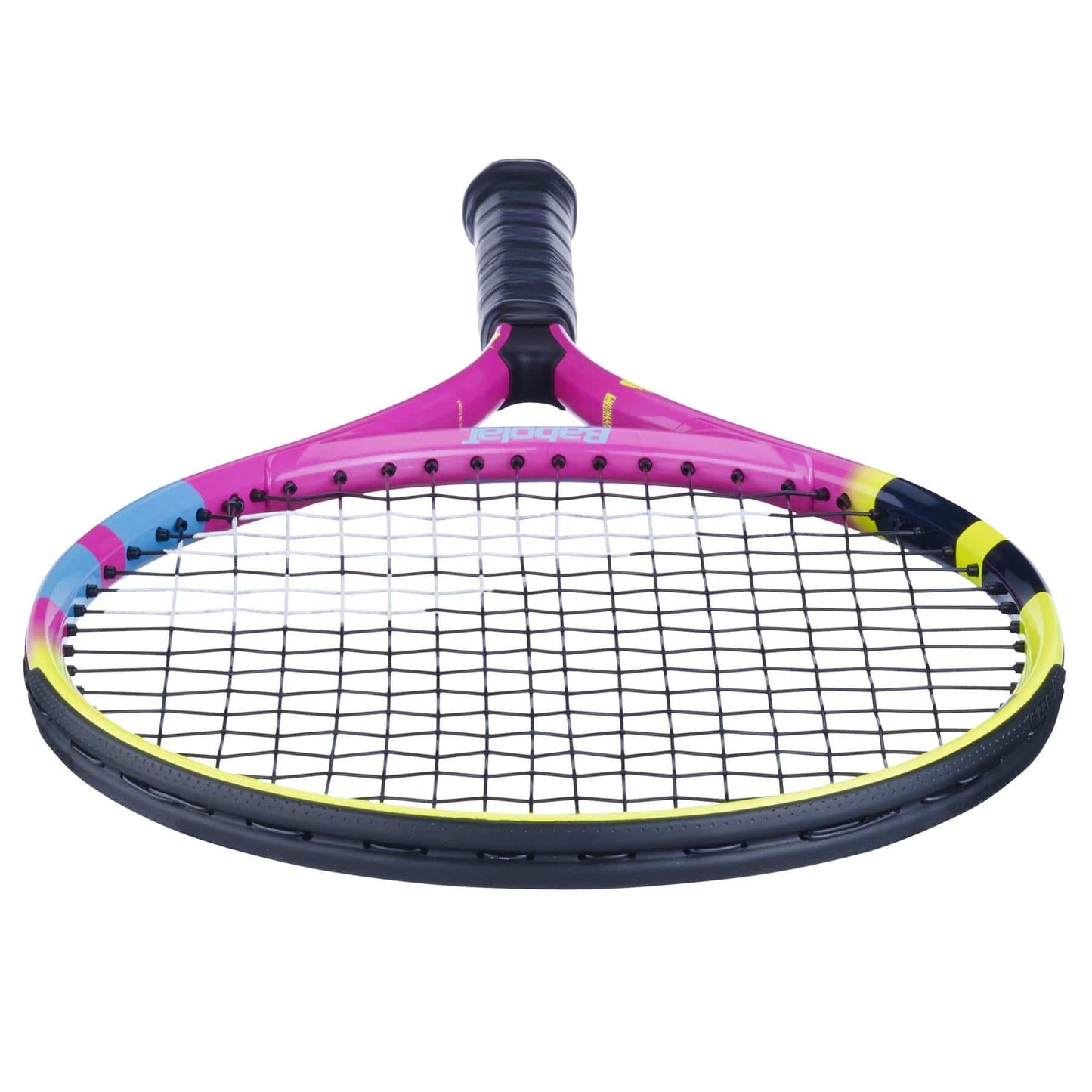 The Babolat Nadal Junior 23 Tennis Racket in pink and yellow features a lively frame with hues of pink, yellow, blue, and black. Its black strings create a tidy grid pattern at the center while the lightweight black grip handle offers comfort for young players. Ideal for budding tennis stars!