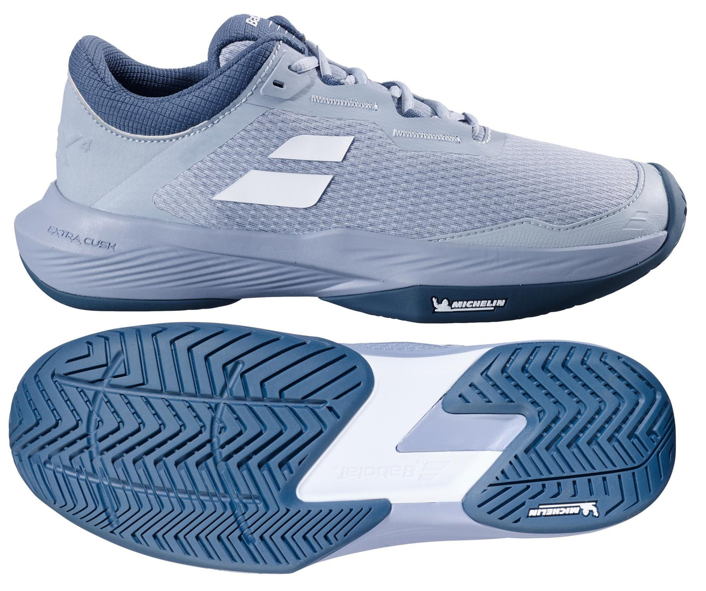The Babolat SFX 4 All Court 2025 men's tennis shoes in grey/white offer comfort and performance with a light blue upper, white logo, gray accents, and a detailed blue sole ideal for all court play. The shoe is shown from both side and bottom views.
