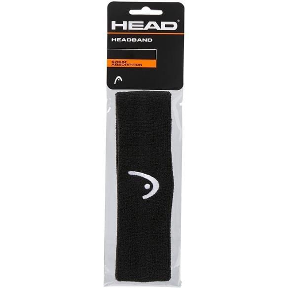 A packaged HEAD Tennis Headband - Black, prominently displaying the HEAD logo, emphasizes its "Sweat Absorption" feature and highlights its excellent elasticity for a comfortable fit.