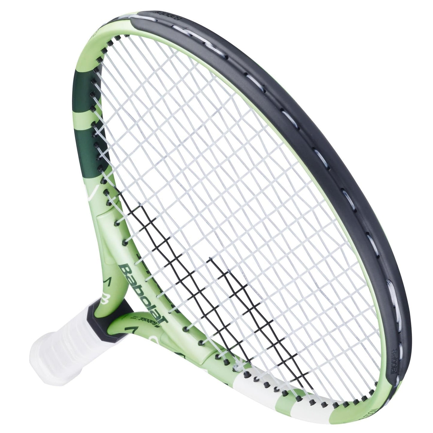 The Babolat Junior 23 Wimbledon 2025 Tennis Racket in Champagne Green features a black and white grip and angled view of strings and frame—perfect as a junior tennis racket for young players.