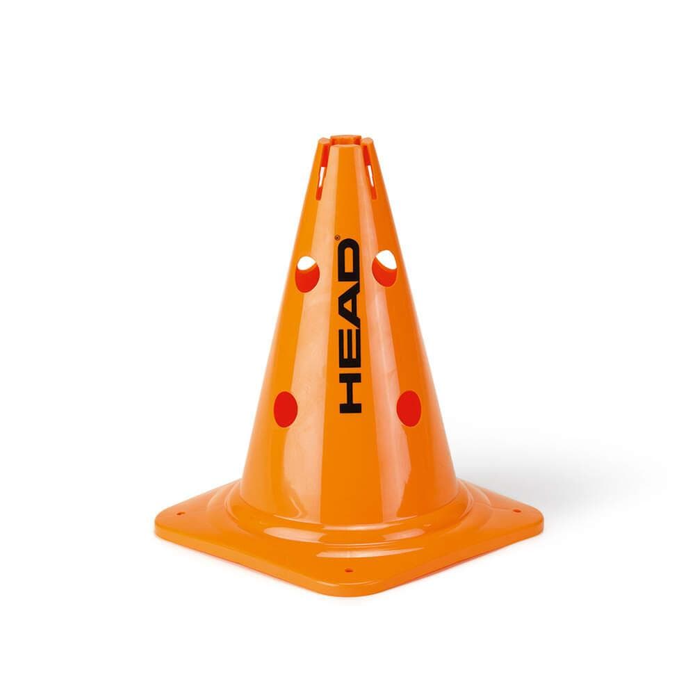 The HEAD Big Training Cones, manufactured by HEAD, are orange traffic cones designed with circular holes and the word "HEAD" prominently displayed vertically in black. These cones are ideal for target exercises and feature a square base for stability, all set against a plain white background. They are perfect for marking boundaries during running exercises or drills.