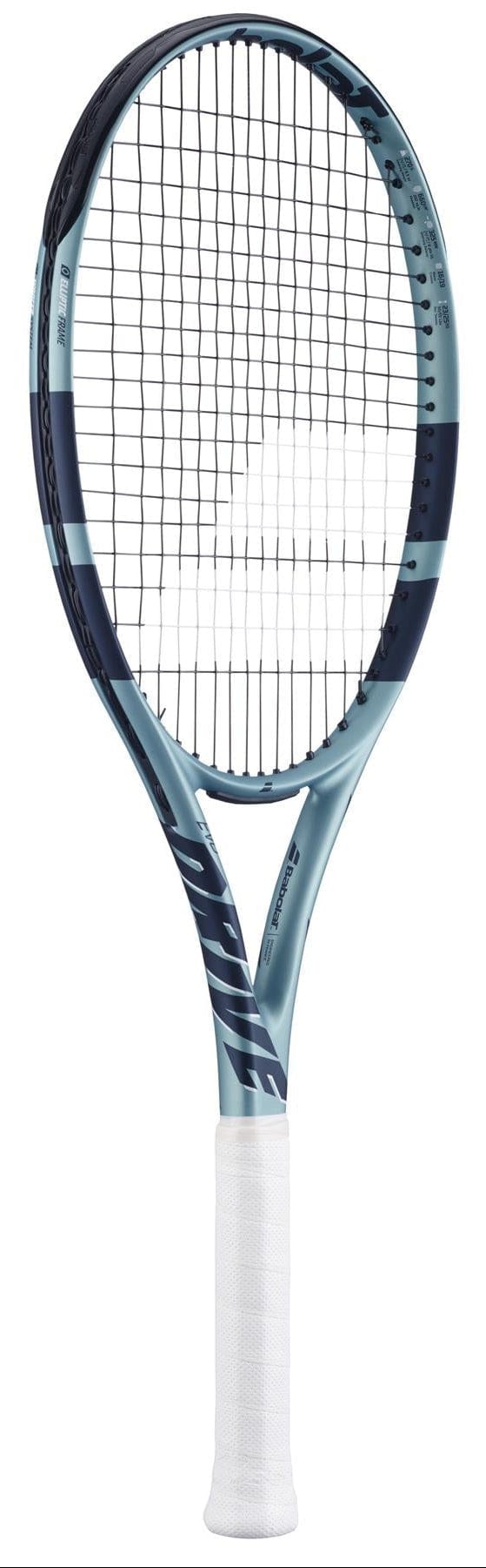 The Babolat EVO Drive Gen 2 Tennis Racket - Blue features a light blue and navy striped frame, a white grip handle for an Air Handle Touch, and its head is strung with sleek black strings against a plain white background.