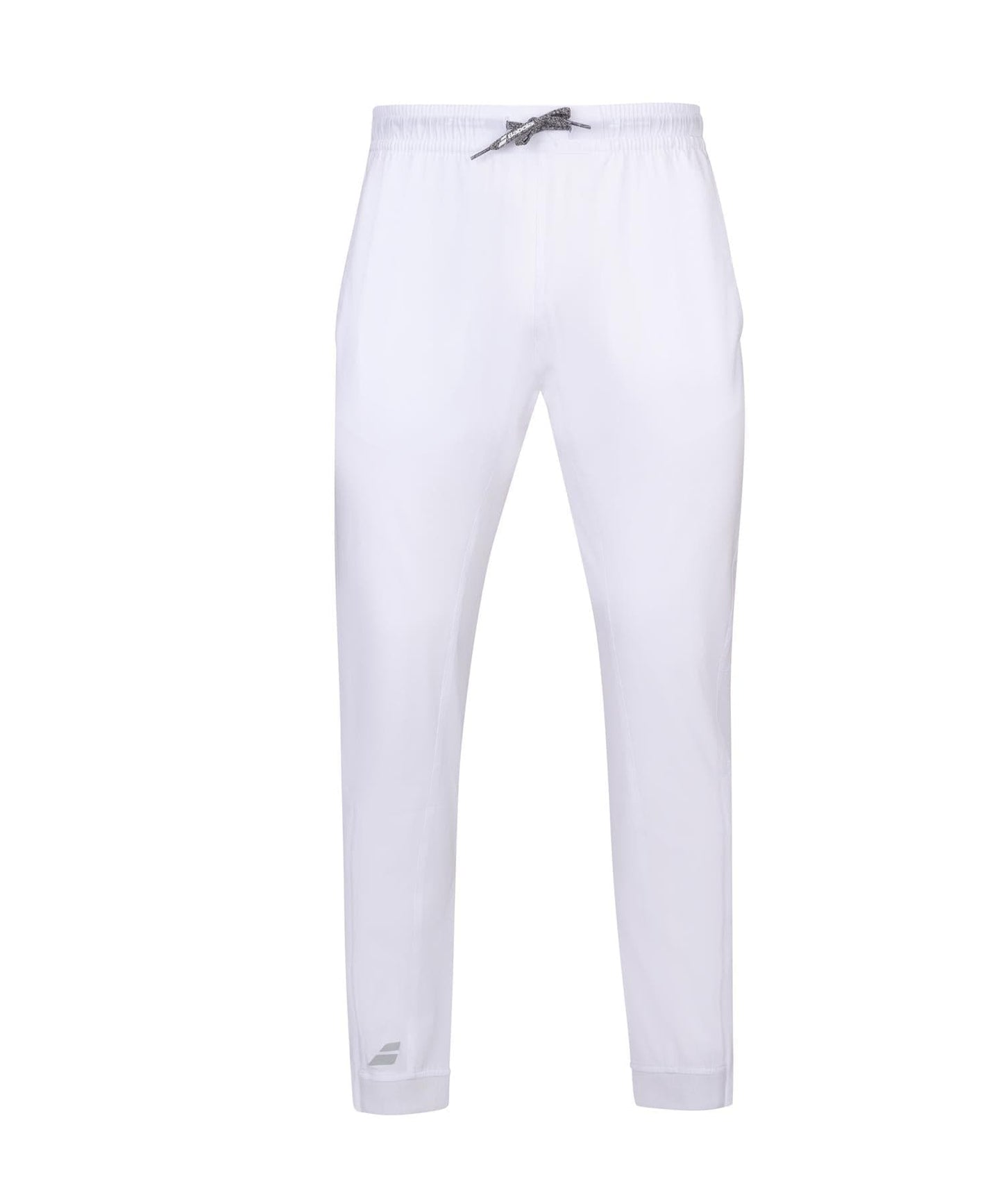 Introducing the Babolat Play Men's Tennis Pants in White, featuring an elastic waistband and drawstring for a comfortable fit. These pants are crafted from four-way stretch fabric and boast a slim fit design with a subtle logo near the left ankle, offering a clean and minimalist appearance. Perfect for both sports and casual outings, these pants are also ideal for winter evenings.