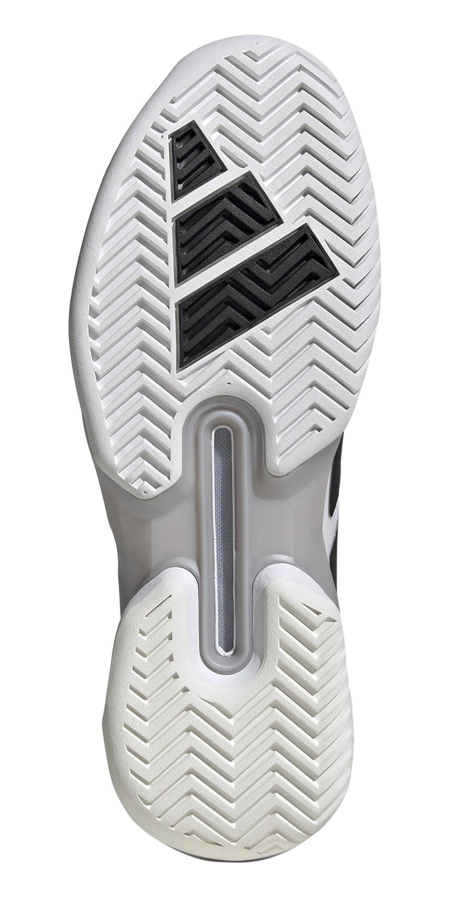 The image features the sole of the adidas Adizero Ubersonic 5 men's tennis shoe, which has a zigzag tread pattern in white with black triangular details at the top. It includes a central grooved section for flexibility and a lightweight mesh upper for improved breathability.