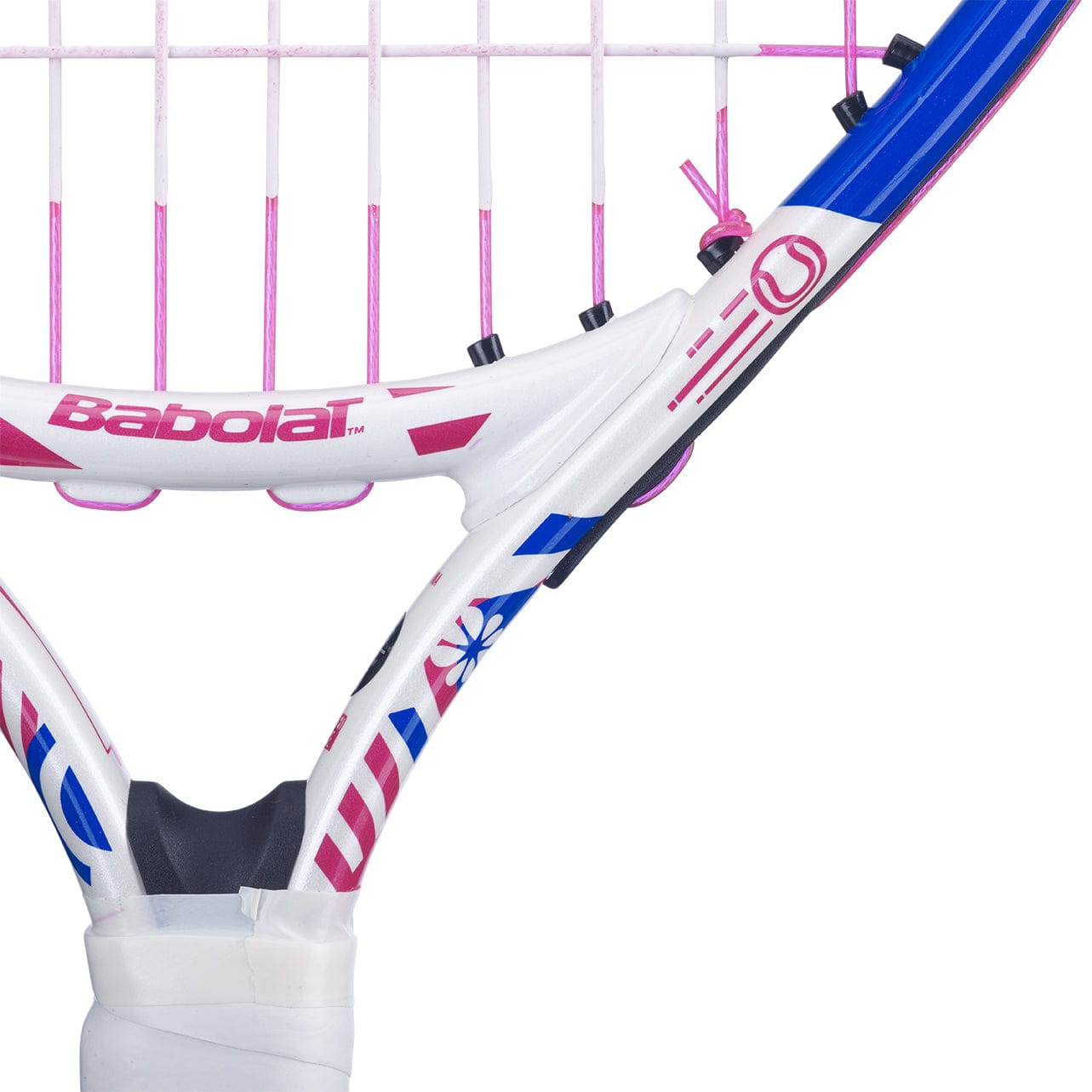 Close-up of the Babolat B-Fly 17 Junior Tennis Racket head showcasing its colorful details. The design in pink, blue, and white features the Babolat brand logo and a vibrant pattern, making it perfect for children's tennis rackets. The strings are tensioned, with part of the handle wrapped in grip tape, ideal for beginner tennis equipment.