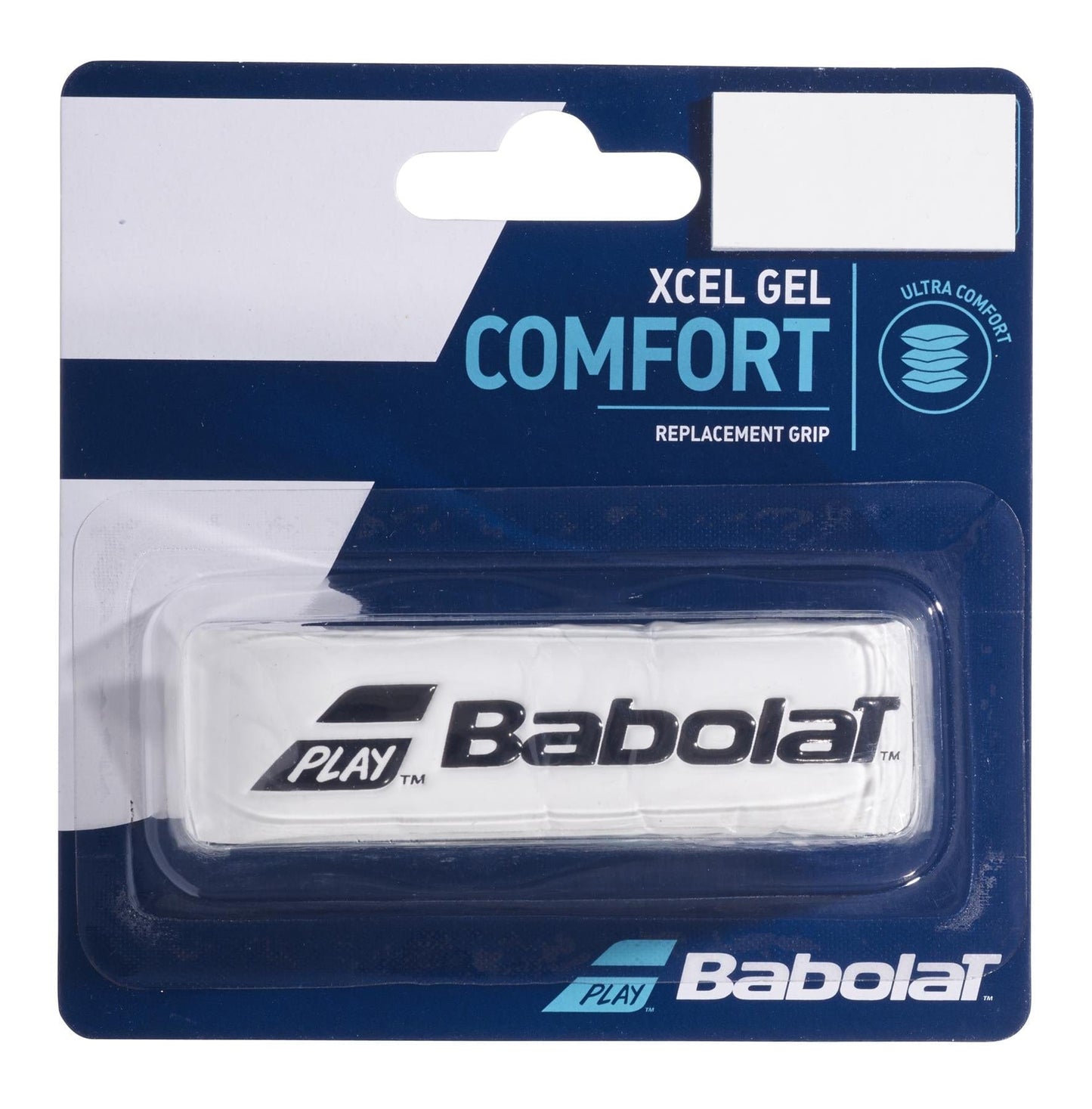 The packaging for the Babolat XCEL Gel X1 Replacement Tennis Grip - White prominently displays the brand name in white and blue, complemented by an "Ultra Comfort" label. The grip offers high absorption and maximum comfort, neatly sealed in plastic on a durable cardboard backing.