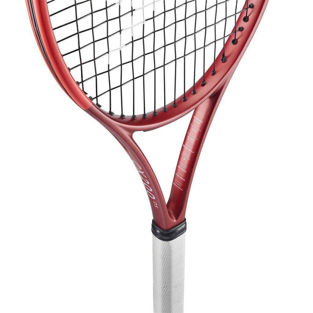 A close-up of a red Dunlop CX 200 OS 2024 tennis racket featuring black strings and a white grip. Ideal for intermediate players, the racket is displayed at a slight angle, highlighting the head and part of the handle.