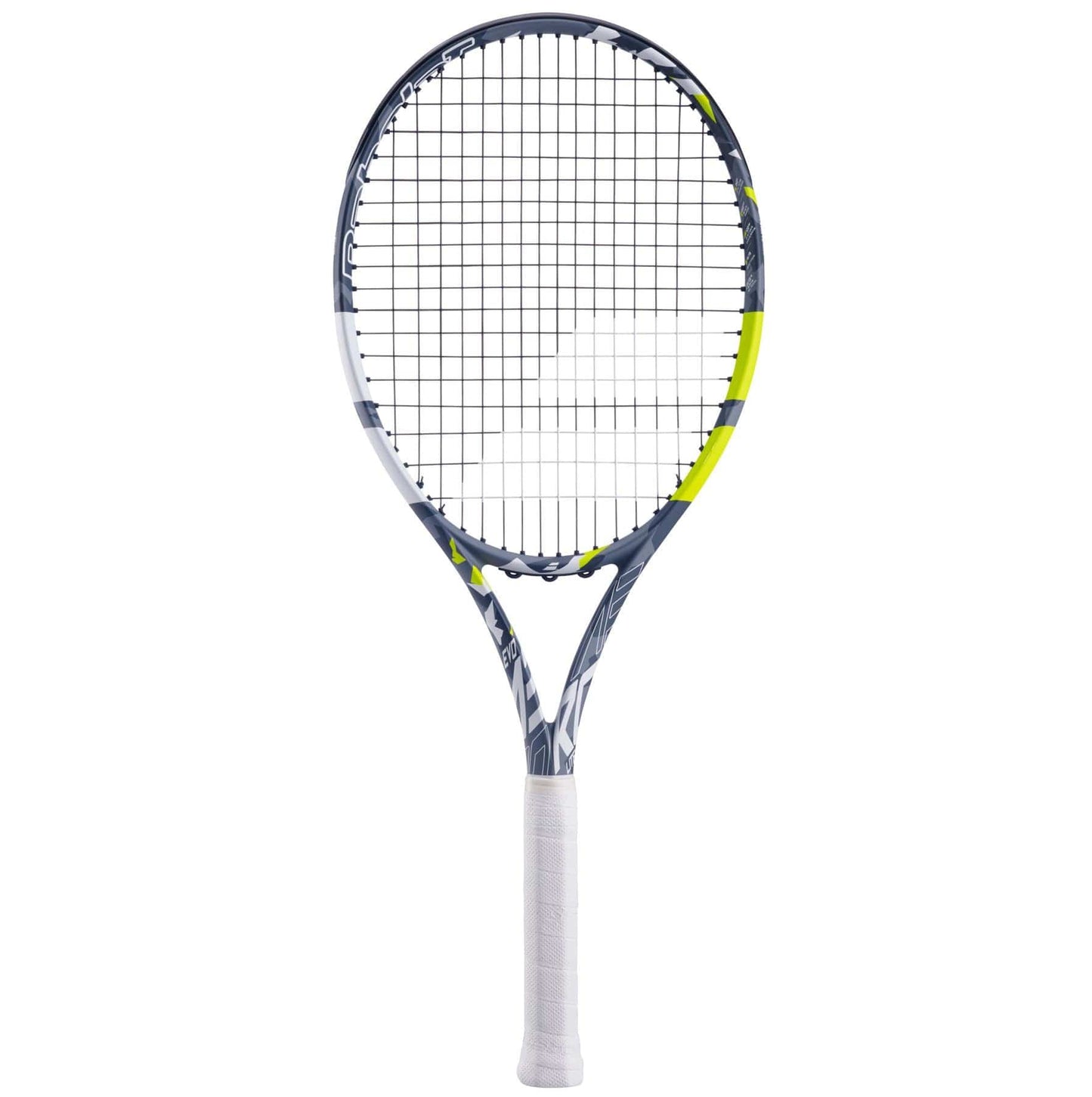 The Babolat EVO Aero Lite Tennis Racket - Grey / Yellow by Babolat showcases a dynamic grey and yellow appearance. With its tightly arranged strings for optimal control and a comfortable white grip, it is an ideal choice for players aiming to improve their spin performance.