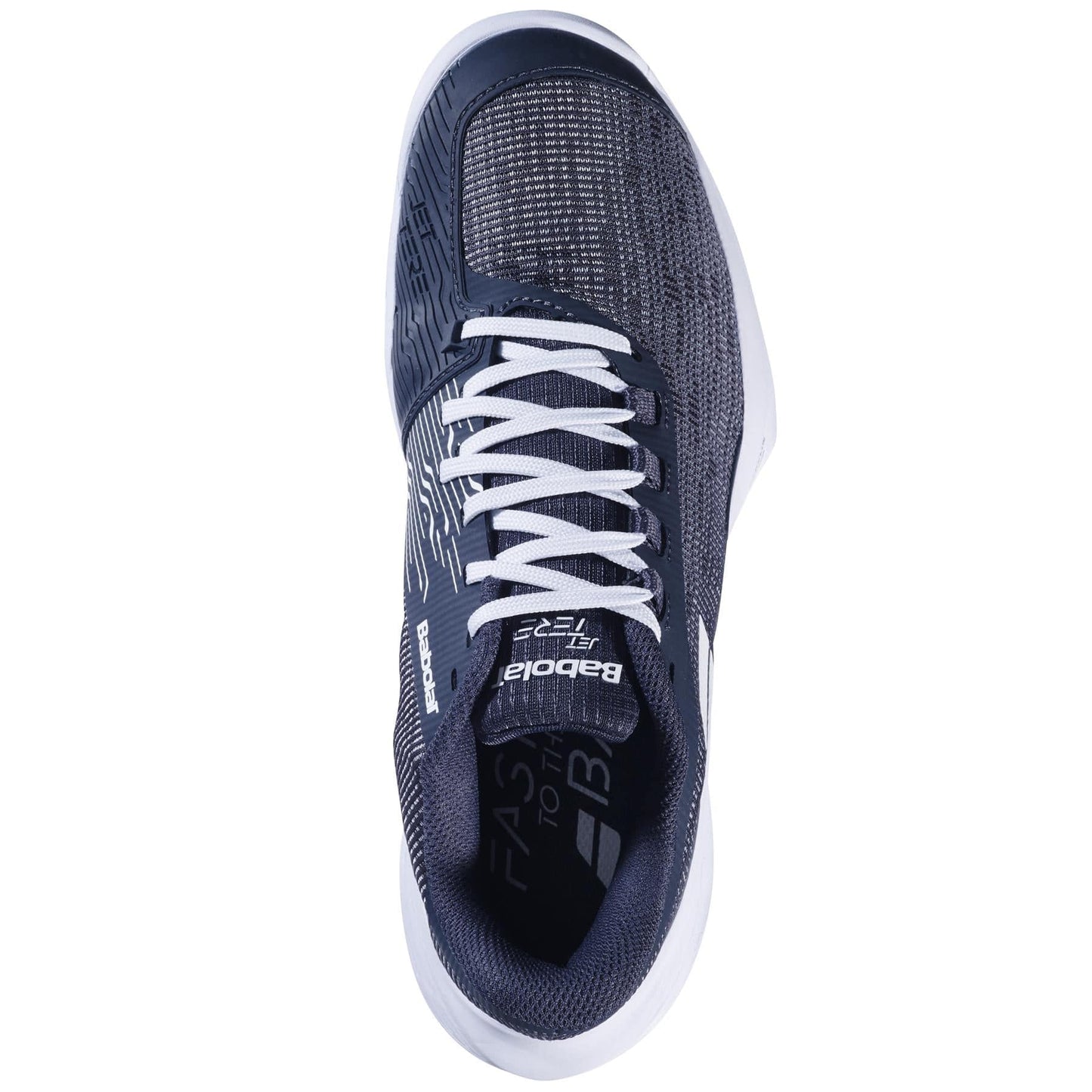 Top view of the Babolat Jet Tere 2 2024 Women's Tennis Shoe in Queen Jio Grey showcases a black and gray woven upper, breathable mesh, white sole, and laces. "Babolat" and "Jet Tere" appear on the side and tongue. This ultra-lightweight shoe combines sleek design with comfort and stability.