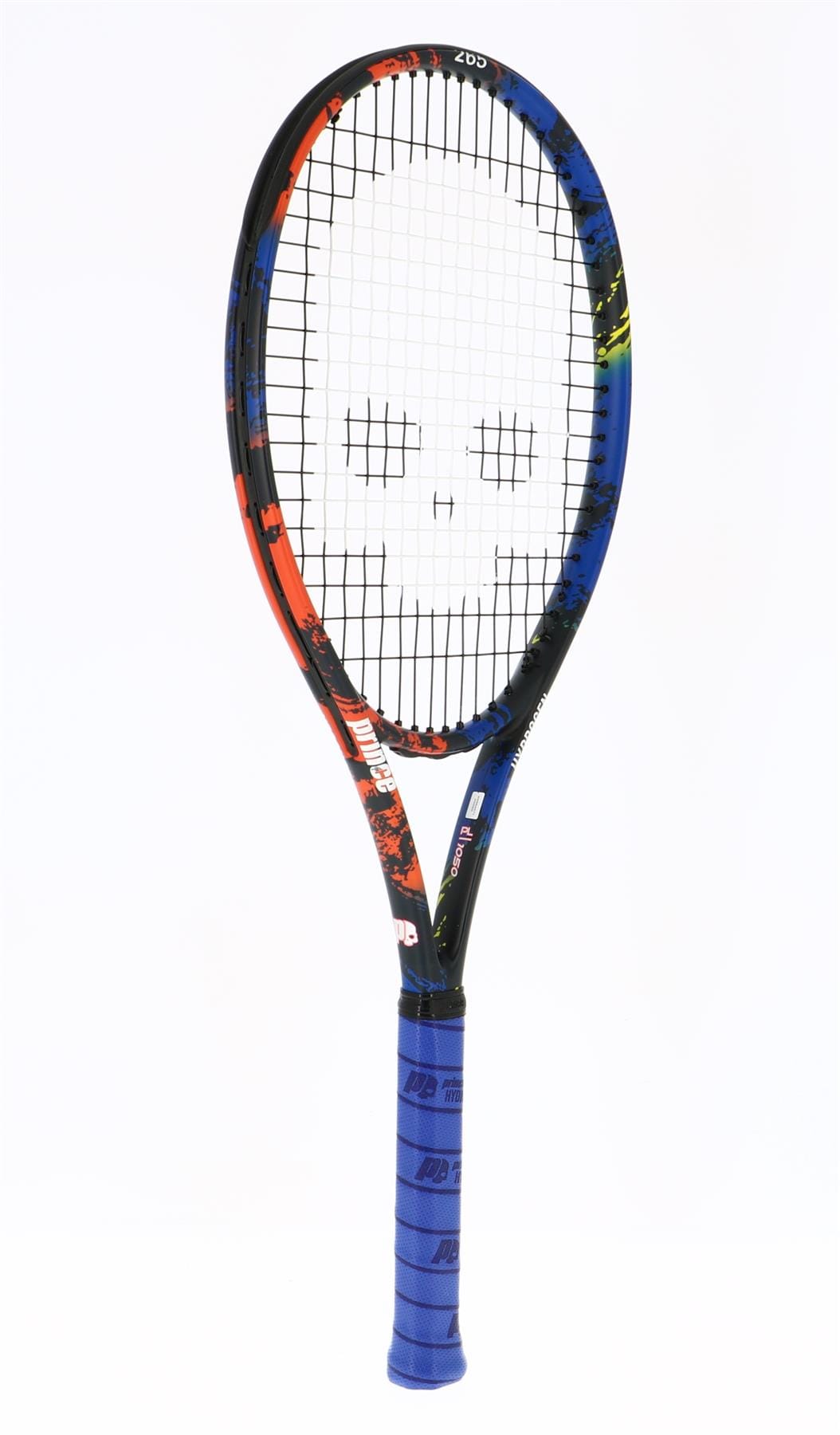 The Prince Beast Hydrogen Random 265g Tennis Racket (Frame Only) features a vibrant design with a blue grip and an eye-catching frame in black, red, and blue. The strings are uniquely arranged to form a skull pattern at the center. With Textreme X Technology, this racket delivers both impressive style and exceptional performance.