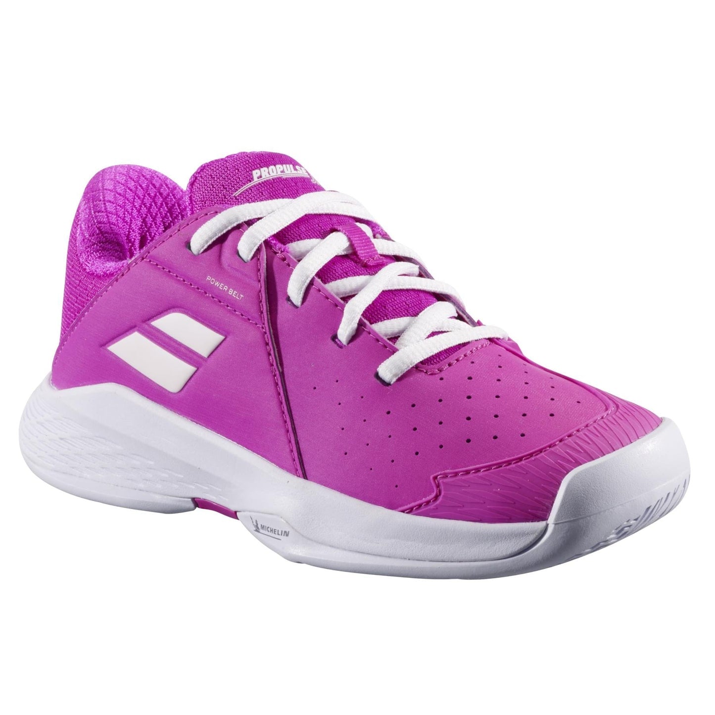 The Babolat Propulse Junior 3 Girls Tennis Shoes in Fandango Pink feature white laces, a white sole, breathable perforations near the toe, mesh-like ankle texture, logo accents, and a durable Michelin outsole.