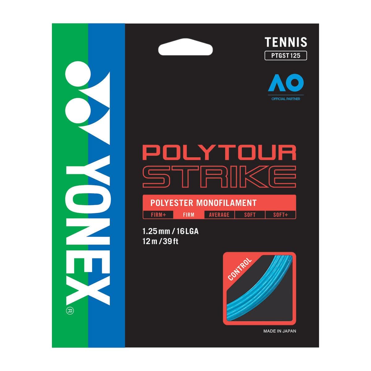 The image features the Yonex Polytour Strike Tennis String packaging in a vivid design, highlighting details such as its 1.25 mm gauge and 12 m length. Crafted from durable polyester, this string offers excellent control. The Yonex logo, symbolizing an official tennis partnership, is prominently displayed.