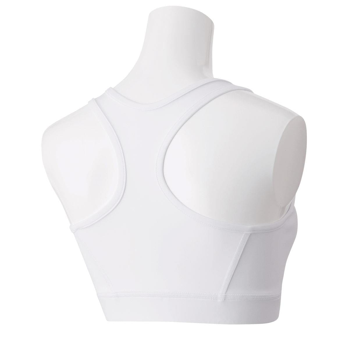 A Yonex 46045 Women's Tennis Sports Bra in White is displayed on a mannequin. The design incorporates a racerback style with VERYCOOL technology, showcasing its supportive structure. The back view highlights its seamless, smooth fabric and provides UV reduction for extra protection.