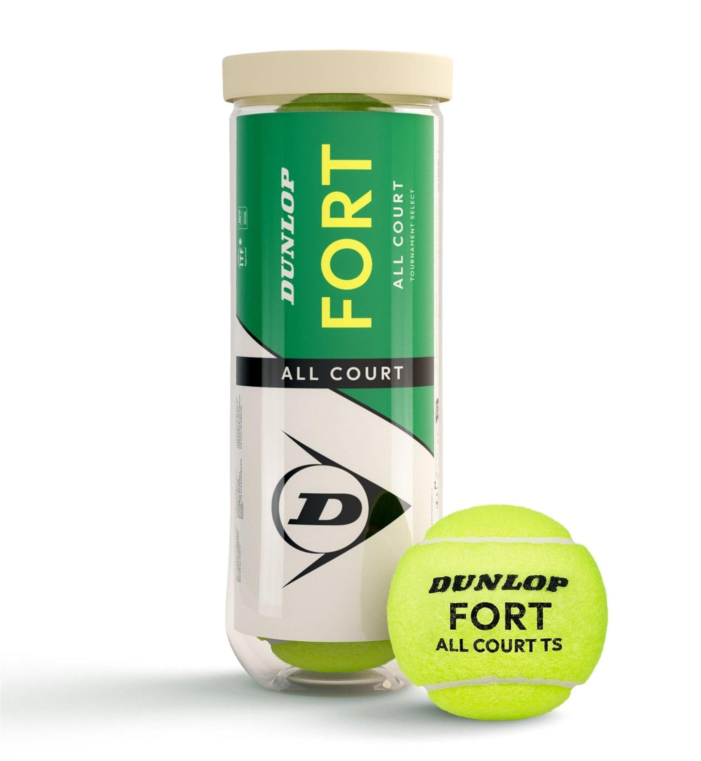 A Dunlop Fort All Court Tennis Balls - 3 Ball Tube stands upright with a green and white label next to a bright yellow Dunlop ball, engineered for all court surfaces and elite-level performance.