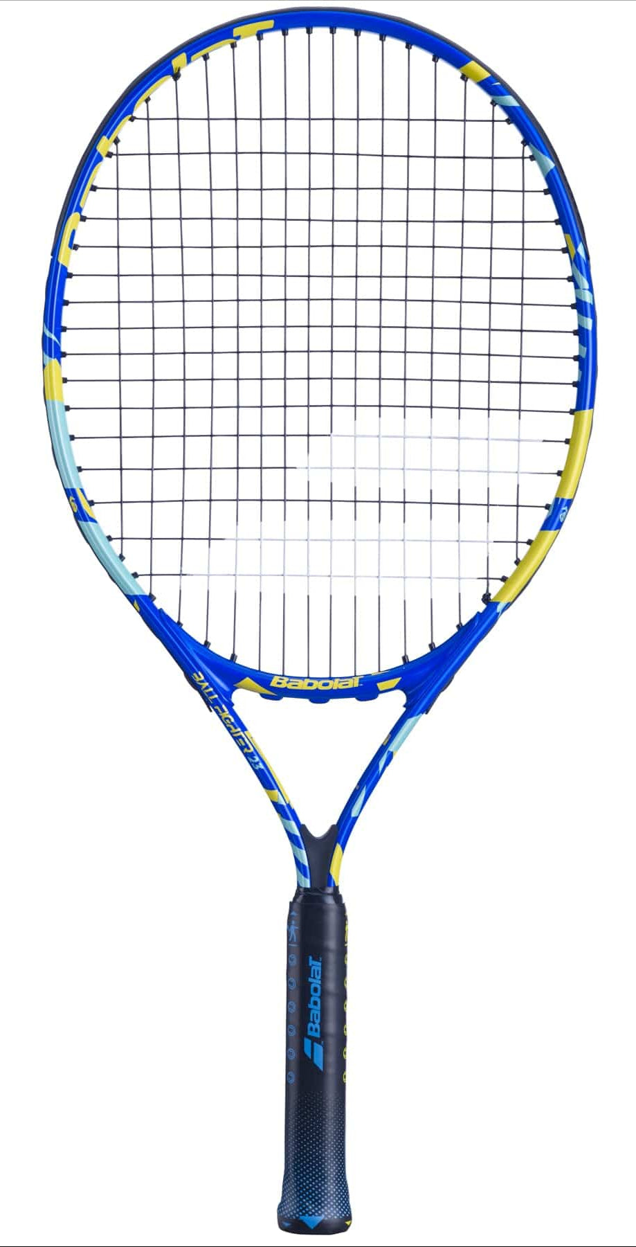 The Babolat BallFighter 25 Junior Tennis Racket - Blue / Yellow, by the renowned brand Babolat, is a well-designed tennis racket with blue and yellow accents and a black handle, making it ideal for teaching grip techniques. Its distinct string pattern stands out against the frame’s vibrant blue, yellow, and white details set on a simple white background.