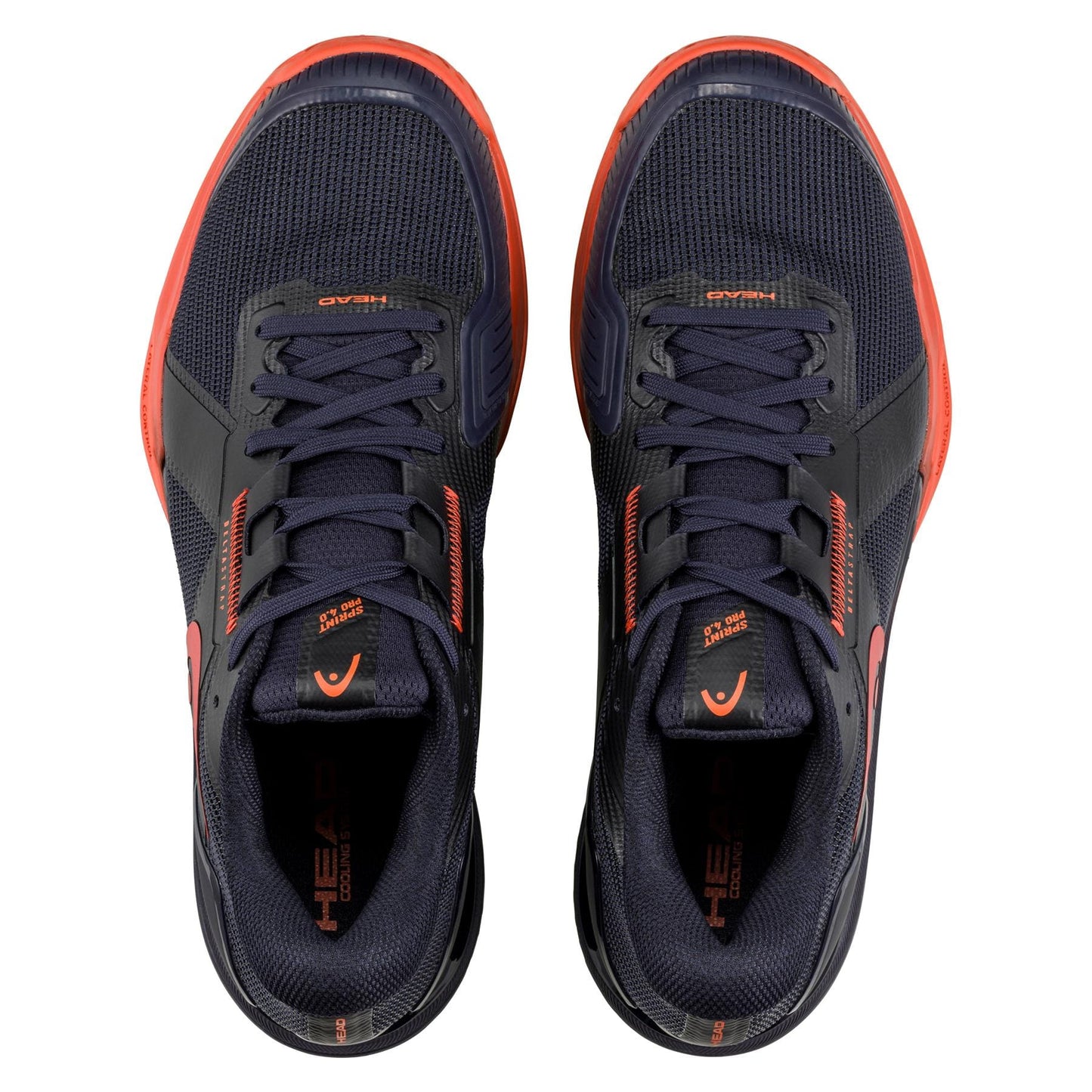 Top view of HEAD Sprint Pro 4.0 Mens Tennis Shoes in dark blue with red accents and white logos. They feature OrthoLite insoles for lightweight comfort, breathable mesh fabric, and structured soles for support, making them ideal for any activity. Positioned side by side.