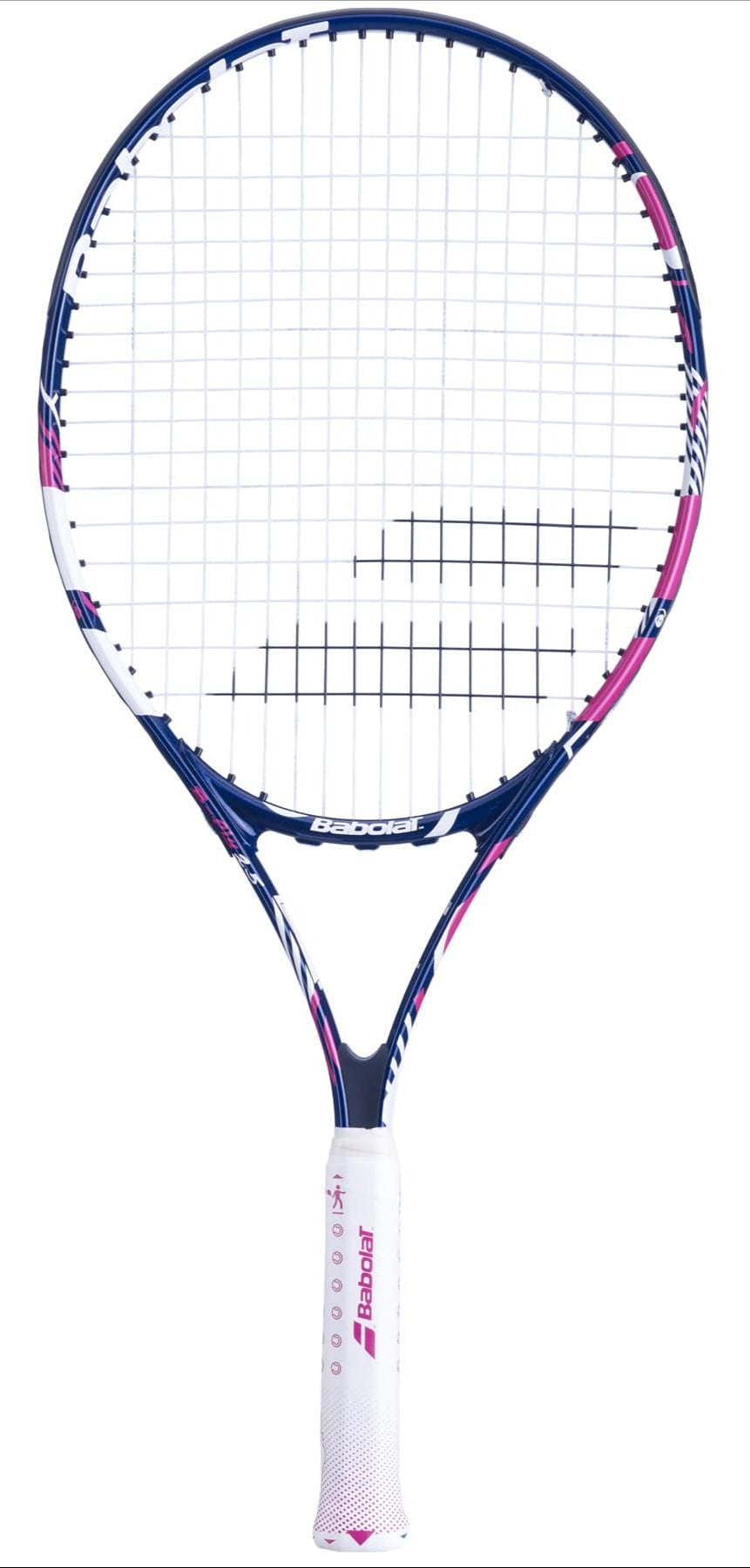 The Babolat B-Fly 25 Junior Tennis Racket - Blue / Pink features a white and pink grip, a blue and white frame, and sleek white strings. Ideal for young players, its vibrant design incorporates blue, white, and pink to create an eye-catching look.