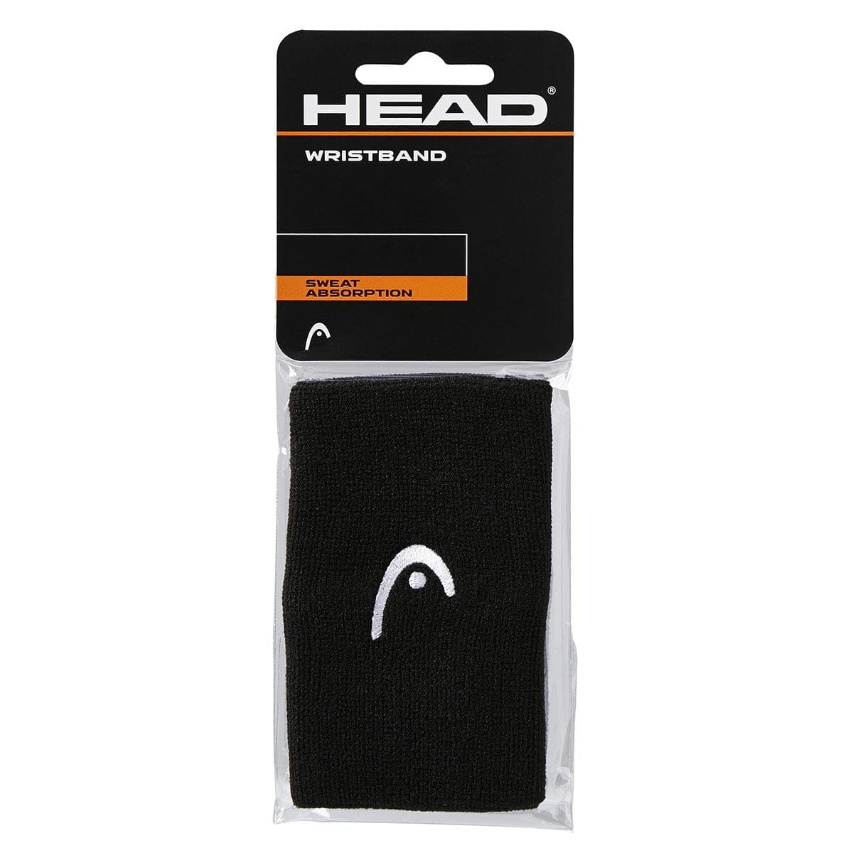 The packaging of the HEAD 5" Tennis Wristband - Black prominently highlights its "SWEAT ABSORPTION" capability, displaying the wristband with the iconic white logo through a transparent plastic cover.