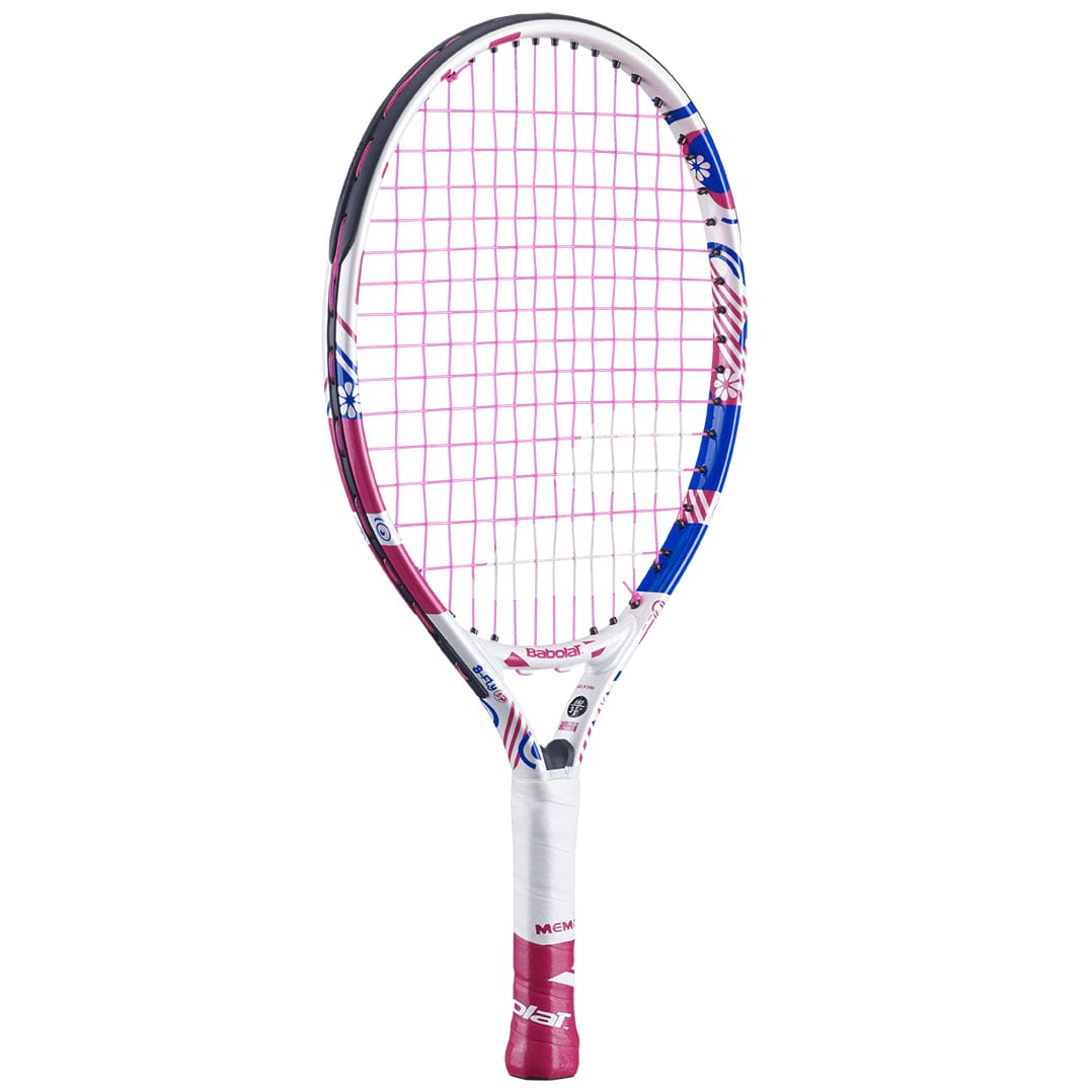 Introducing the Babolat B-Fly 17 Junior Tennis Racket, a children's racket designed with a sleek white frame and accented with vibrant pink elements. Ideal for beginners, it features pink strings and a stylish handle blending red and white tones.