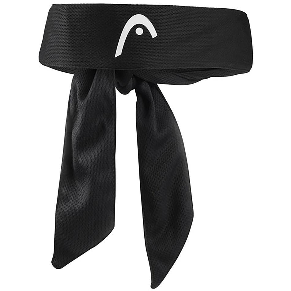 A black HEAD Pro Player Bandana, resembling a martial arts belt, features a white logo with a curved line and dot. The fabric has a textured appearance similar to mesh material as it hangs down.