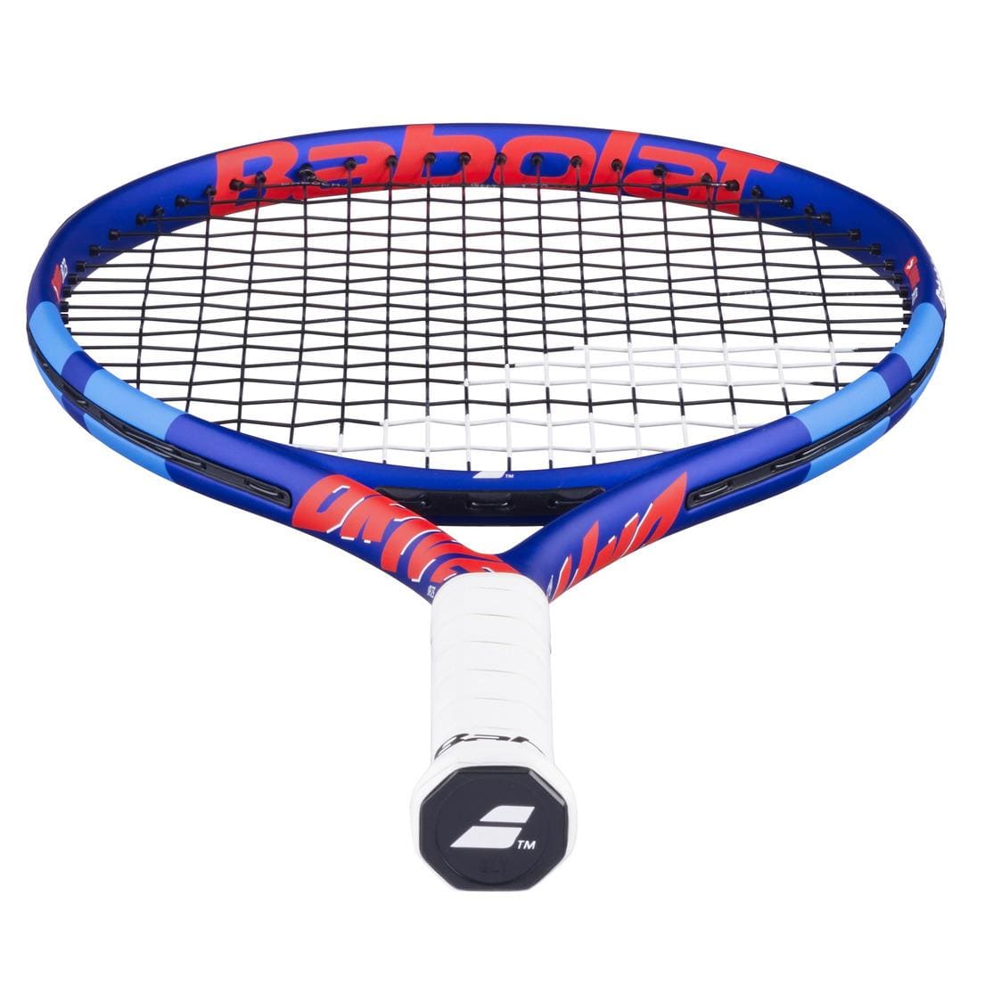 The Babolat Drive Junior 23 Tennis Racket - Blue is ideal for young players, featuring a stylish blue frame with a distinctive design and adorned with the prominent Babolat brand name, ensuring both performance and flair.