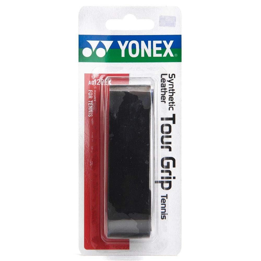 The Yonex AC126EX Replacement Synthetic Leather Grip - Black is packaged in transparent wrapping that showcases the black grip inside. The front of the packaging features "For Tennis" along with product details, highlighted in red and white text.
