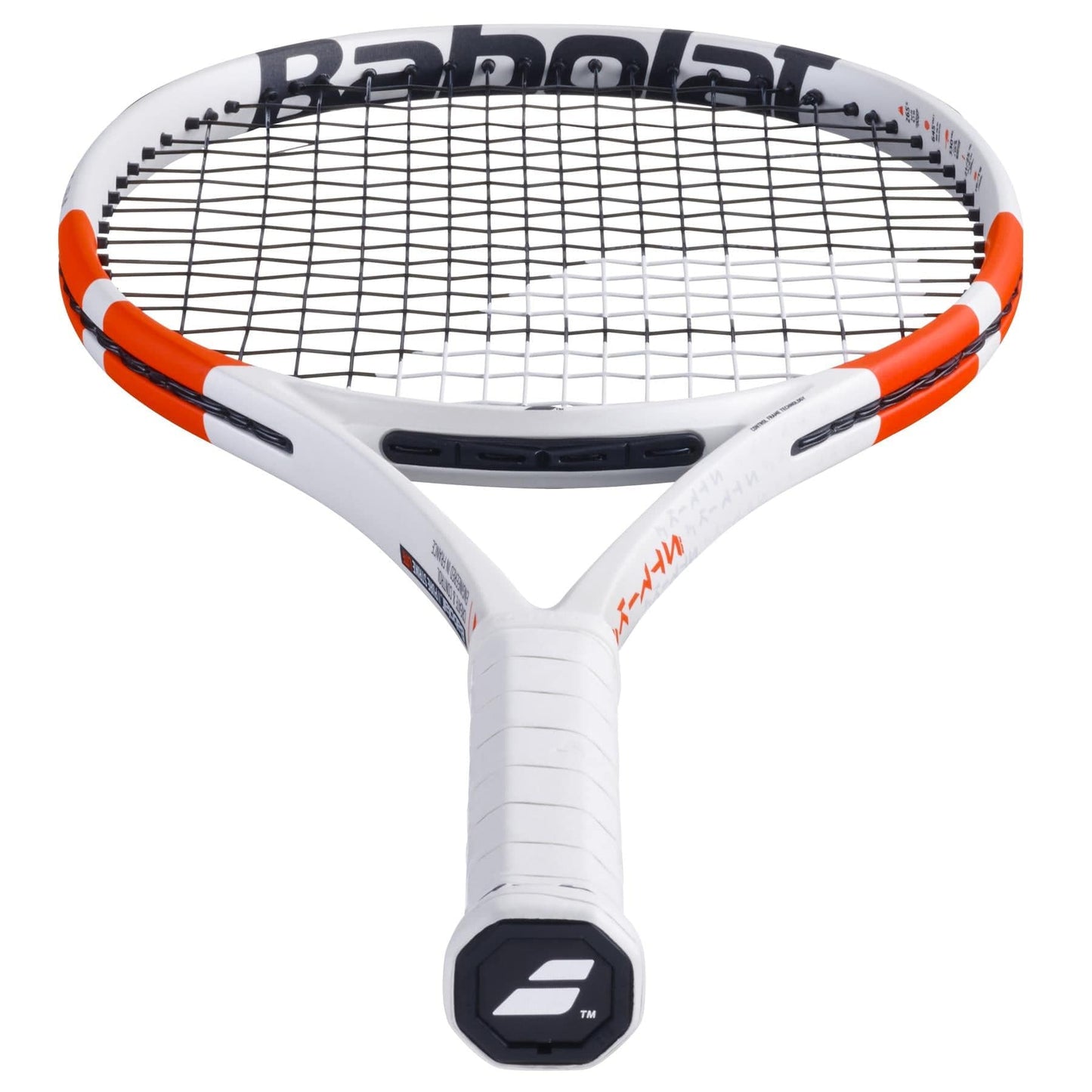 A close-up view of a Babolat Pure Strike Lite Gen4 Tennis Racket highlights its striking white, red, and black frame with black strings. Renowned for its control and feel, this lightweight racket boasts a white grip and proudly displays the Babolat logo on the butt cap of the handle.