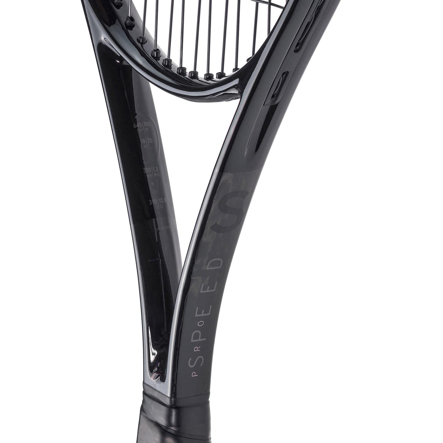 A close-up view highlights the throat and strings of a black tennis racket, emphasizing its sleek design with the word "SPEED" subtly displayed on the frame. This HEAD Speed Pro Legend 2024 model draws inspiration from Novak Djokovic and features advanced Auxetic 2.0 technology for superior performance.