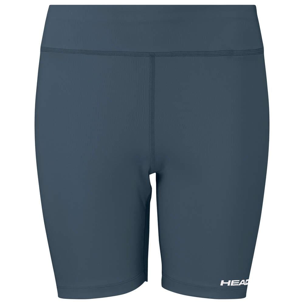 The HEAD Vision Women's Short Tights in navy offer a sleek design with a high waistband and fitted style. They feature the brand name "HEAD" in white on the lower left side and are made with Moisture Transfer Microfiber to ensure you stay cool and dry.