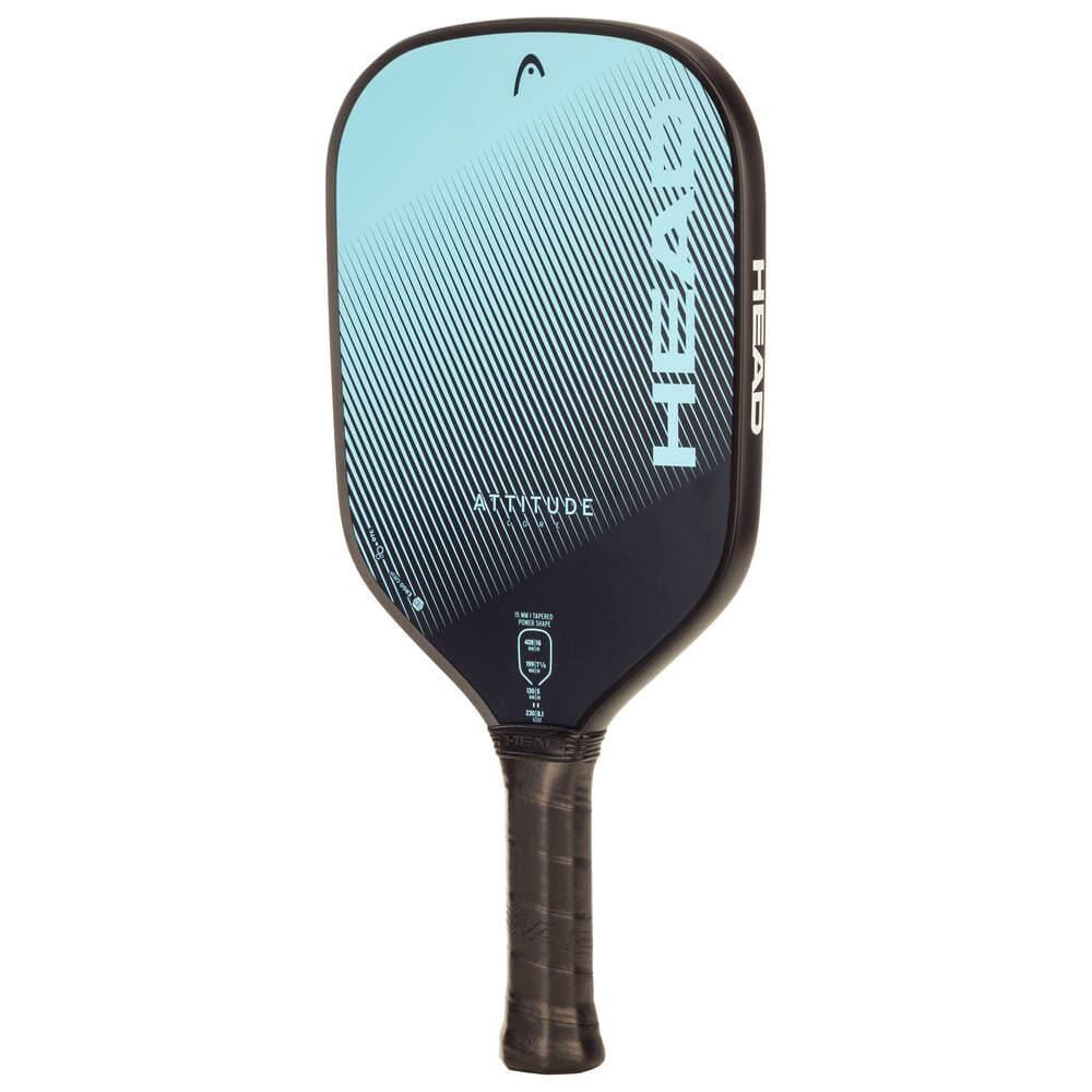 The HEAD Attitude Core Pickleball Paddle - Black / Blue features blue and black diagonal stripes, a black edge guard, a wrapped ergonomic handle, and visible HEAD branding. This entry-level paddle combines style with comfort for new players.