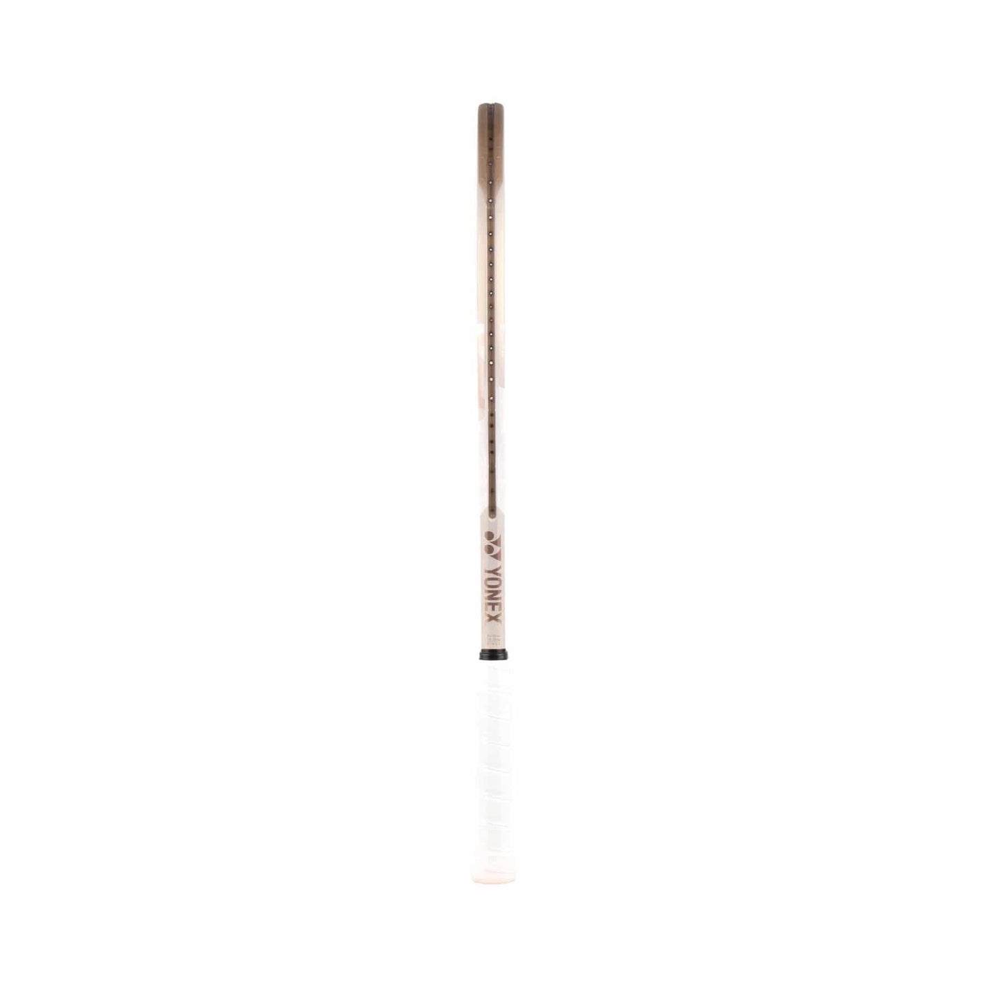 A Yonex VCORE 98L Tennis Racket in Sand Beige, featuring ISOMETRIC™ technology and a sleek white grip, is beautifully photographed against a plain white background.