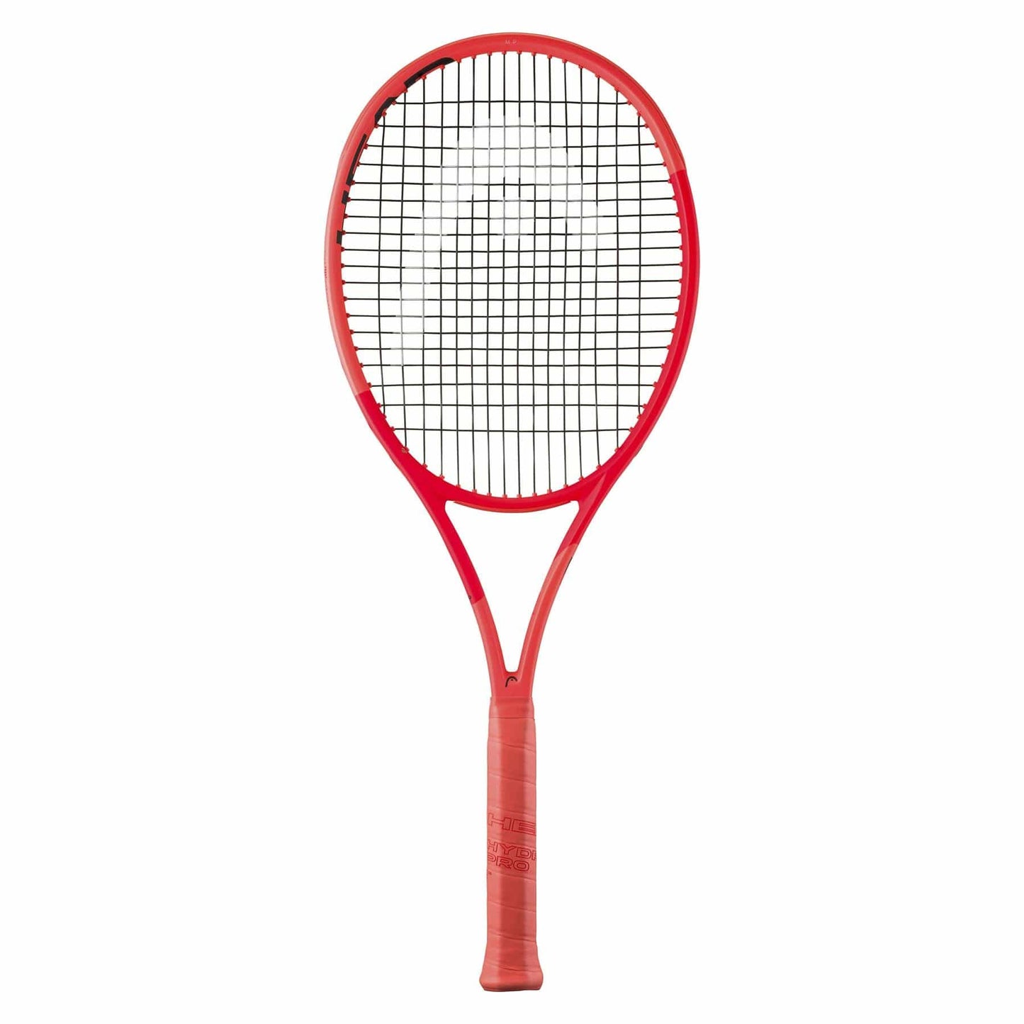 The 2025 HEAD Radical MP tennis racket, in orange, features Auxetic 2.0 technology with a red frame and black strings for an all-court performance. The textured grip offers a secure hold, shown against a white background.