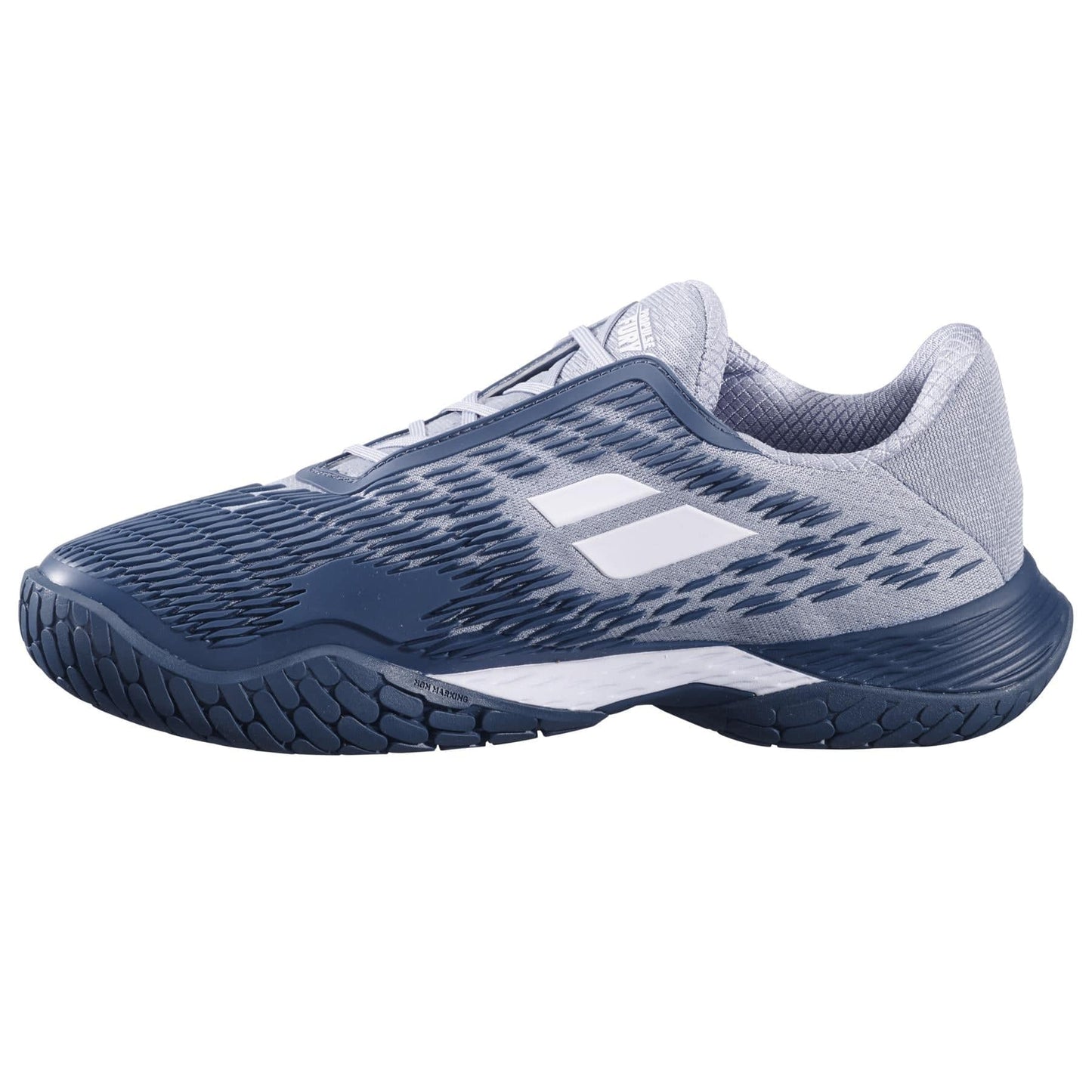 The Babolat Propulse Fury 3 All Court 2025 Men's Tennis Shoes, in grey and white, feature a textured sole for durability, a lace-up design with white side accents, and a gradient-patterned upper. Designed for sports use on any surface.