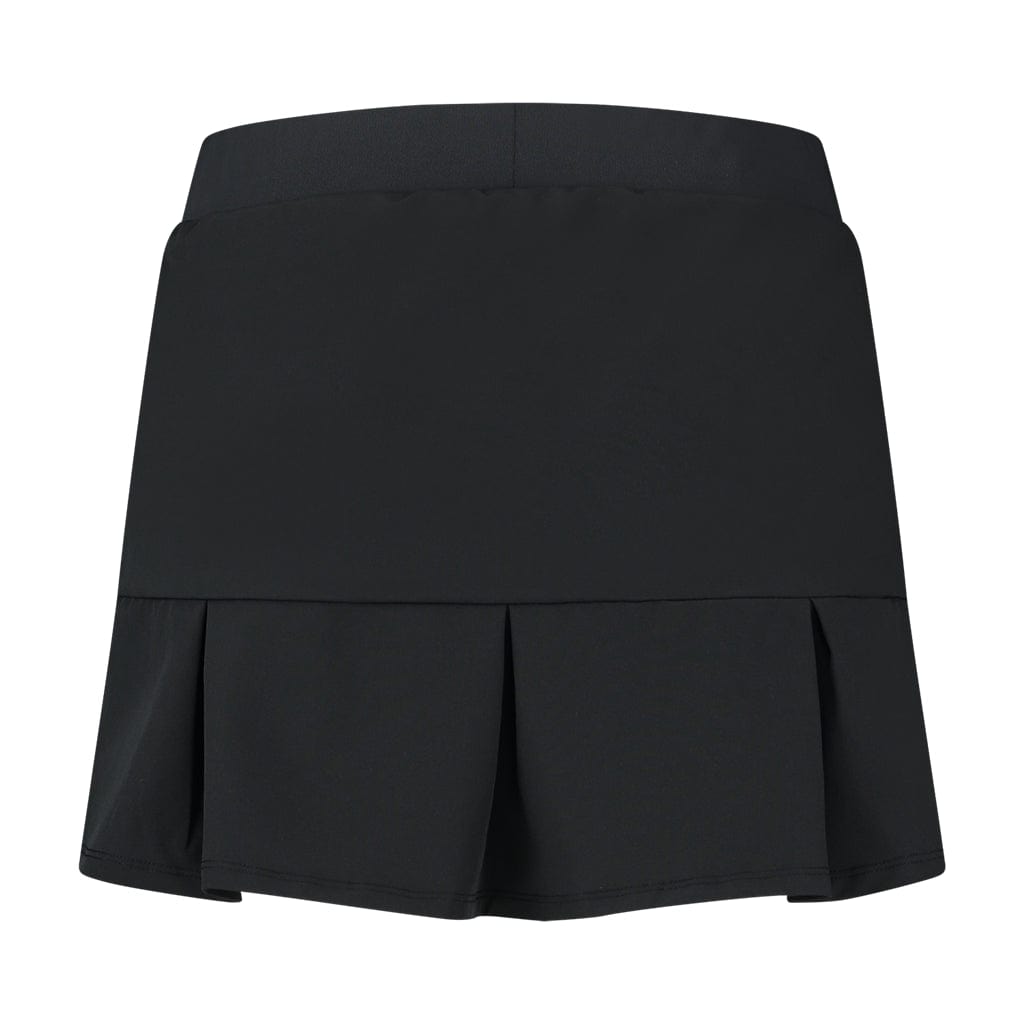 The K-Swiss Tac Hypercourt Pleated Tennis Skirt 3 in black, with its smooth waistband, is elegantly displayed against a white backdrop. This chic design complements pieces from the Hypercourt collection beautifully, making it ideal for both casual and formal occasions.