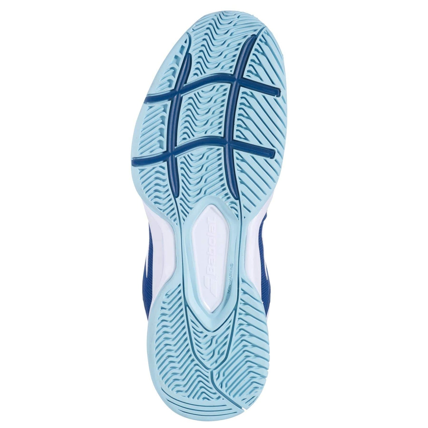 The image showcases the sole of a Babolat SFX3 All Court women's tennis shoe in Deep Dive and Blue, featuring a Michelin Premium Tennis Sole with a textured, non-slip pattern. The Kompressor System guarantees optimal court performance, while "Babolat" is embossed at the center.