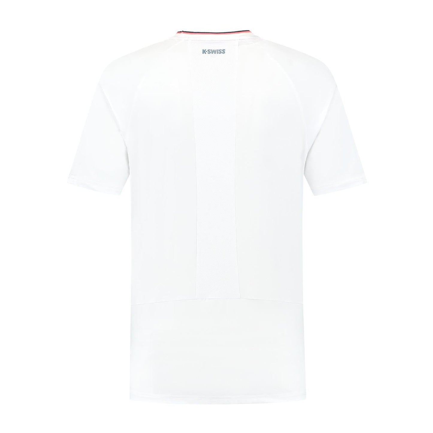 The back view of the K-Swiss Hypercourt Mesh Crew 4 Men's Tennis T-Shirt in white shows a plain design with short sleeves, featuring the brand logo prominently at the top center.