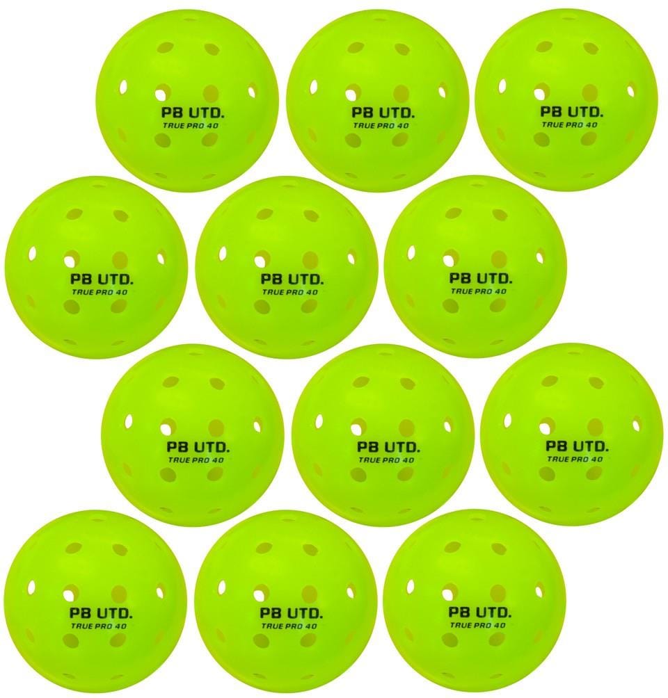 Set of 12 Pickleball United True Competition 40 outdoor pickleballs in bright yellow, made from durable TPU with holes and "PB UTD. TRUE PRO 40" printed in black—ideal for tournament play.