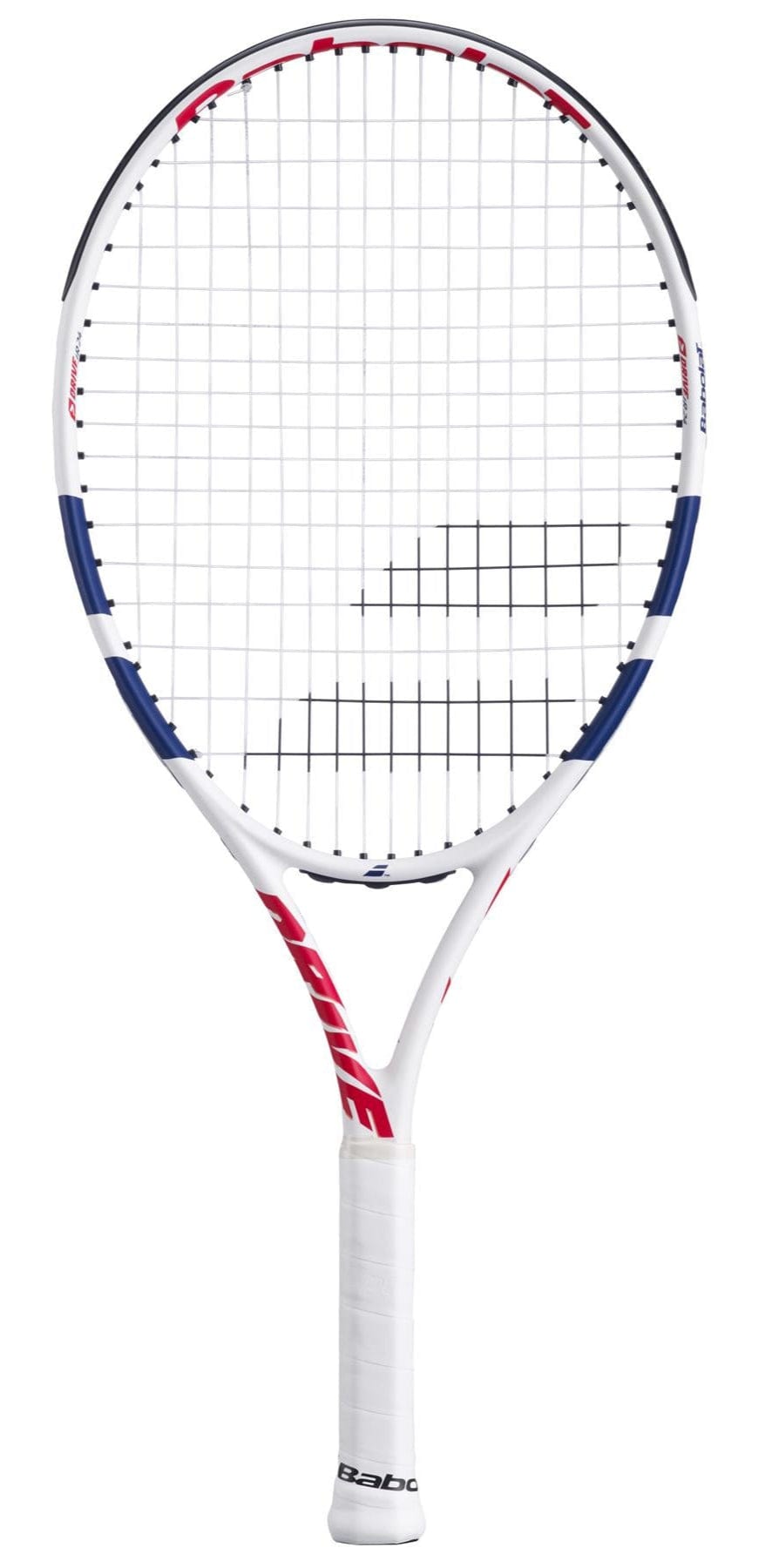The Babolat Drive Junior 24 Tennis Racket features a white frame with red and blue accents, ideal for intermediate players. "Babolat" is visible on the throat and handle, with tightly woven strings in a grid pattern.