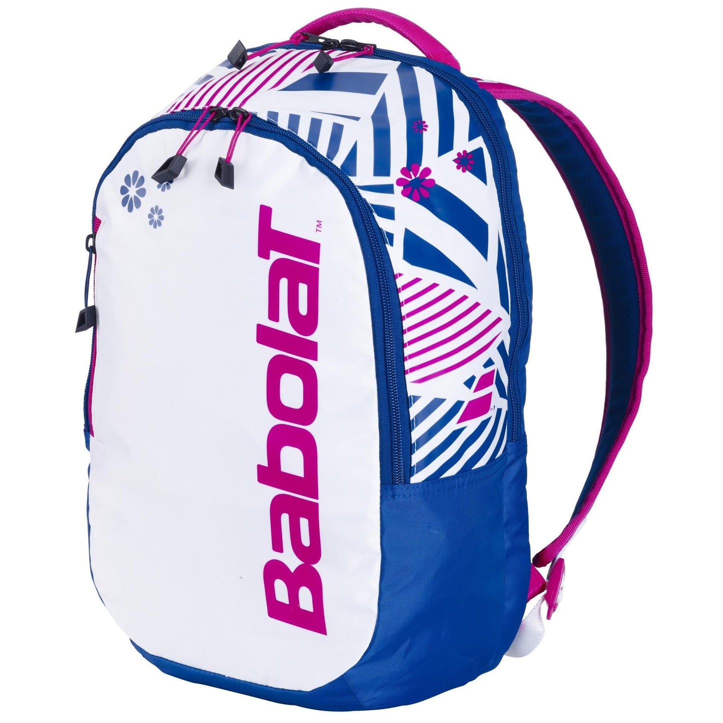 The Babolat Kids Tennis Backpack in blue, white, and pink showcases a stylish abstract pattern with pink zippers and straps. Perfect for young tennis players who value style and functionality.