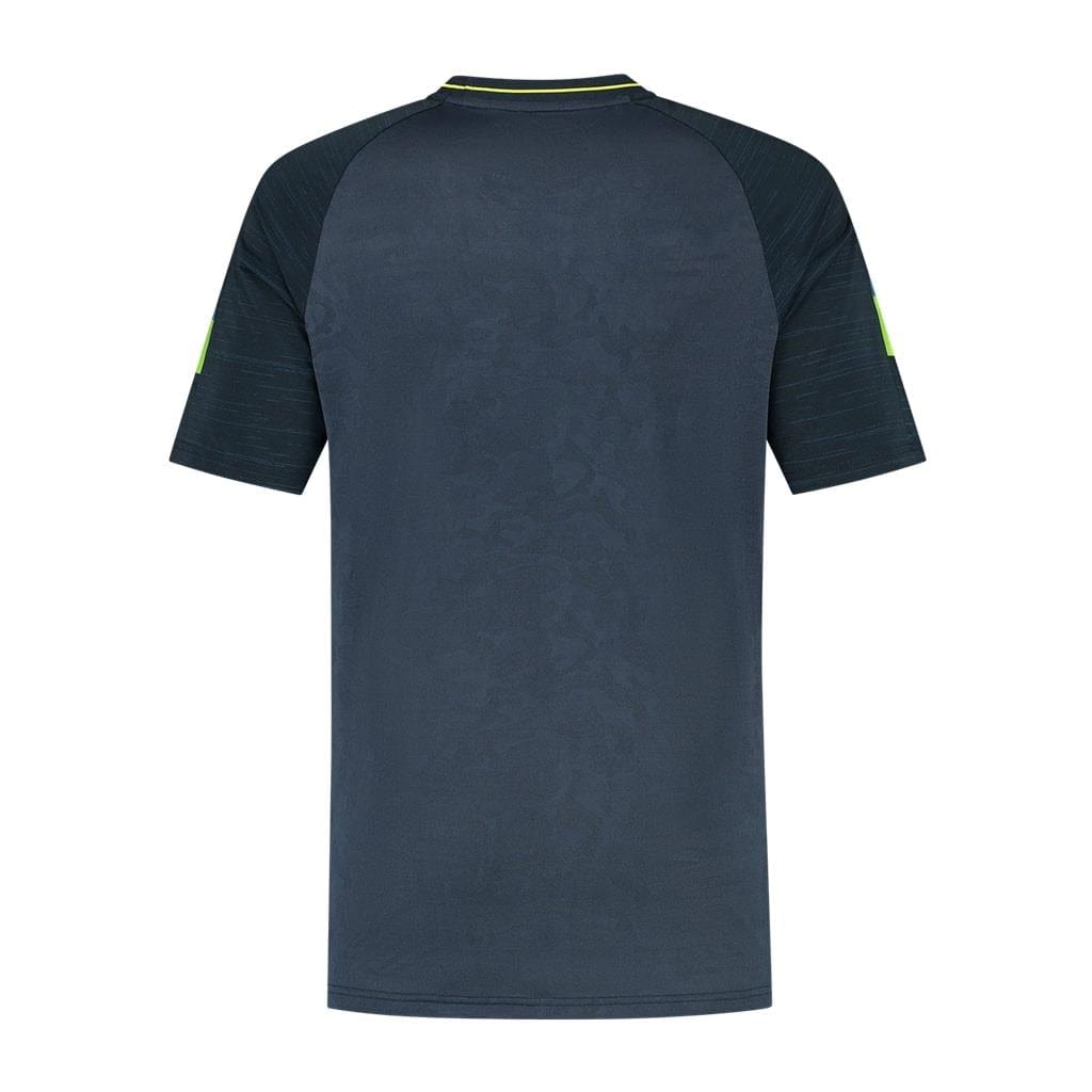 Back view of the K-Swiss Hypercourt Melange 2 Men's Tennis T-Shirt in Peacoat, featuring plain dark blue short sleeves with black shoulder sections and subtle patterns. Crafted from breathable polyester, the shirt has a rounded collar with a slight hint of green trim. Ideal for high-performance activities or pairing with K-Swiss Hypercourt sneakers.