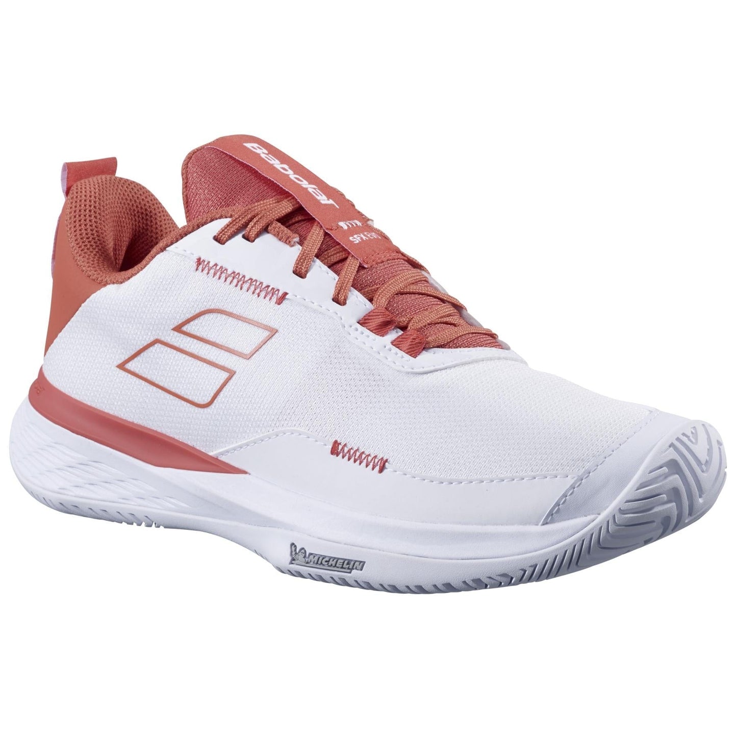 The Babolat SFX Evo Women’s Tennis Shoes in White/Terra Cotta feature reddish-brown accents, a thick textured white sole, simple side line design, and an Ortholite insole for enhanced comfort.