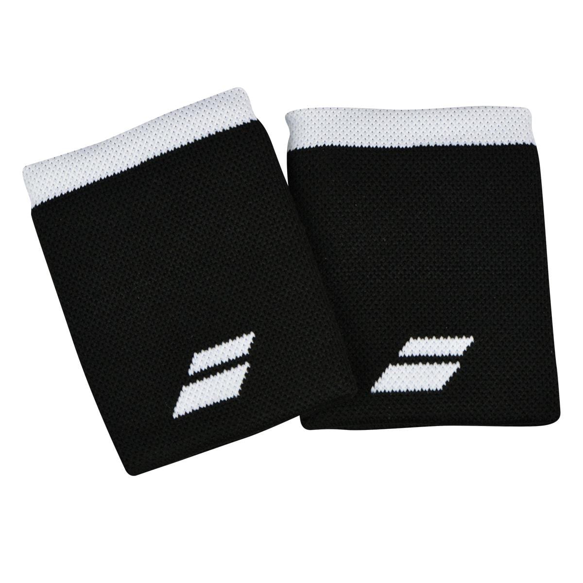 A set of black Babolat Logo Jumbo Wristbands featuring white elastic trim and adorned with the iconic Babolat logo, ideal for tennis accessories, are positioned side by side on a pristine white background.